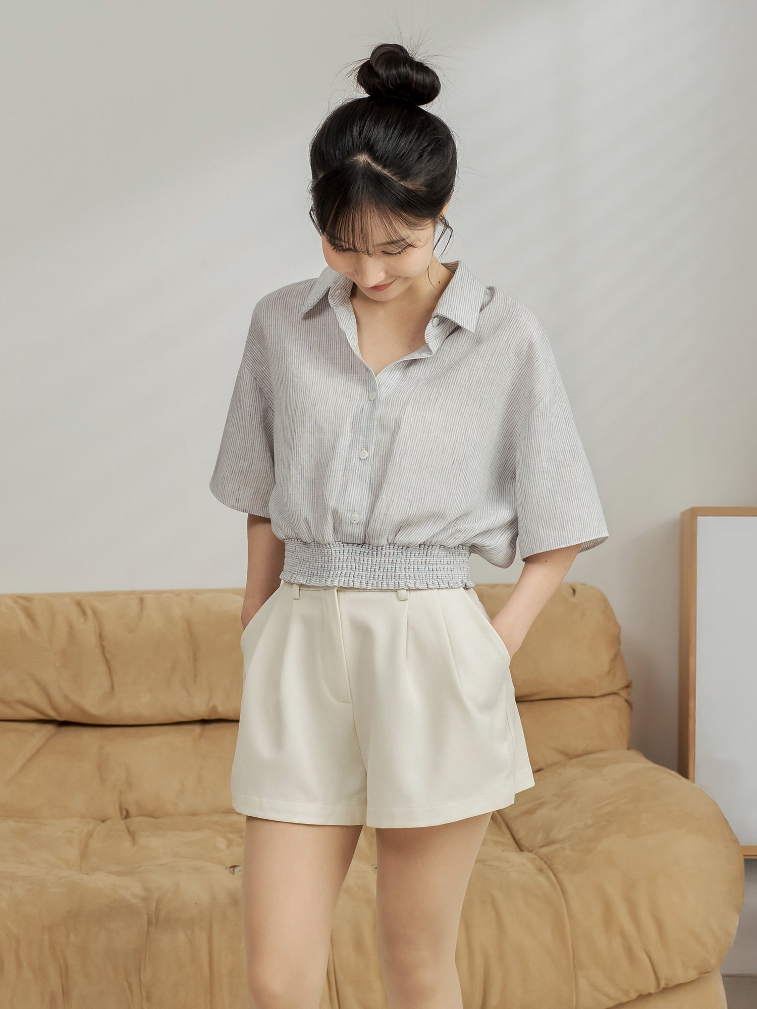 Striped Shirring Waist Shirt