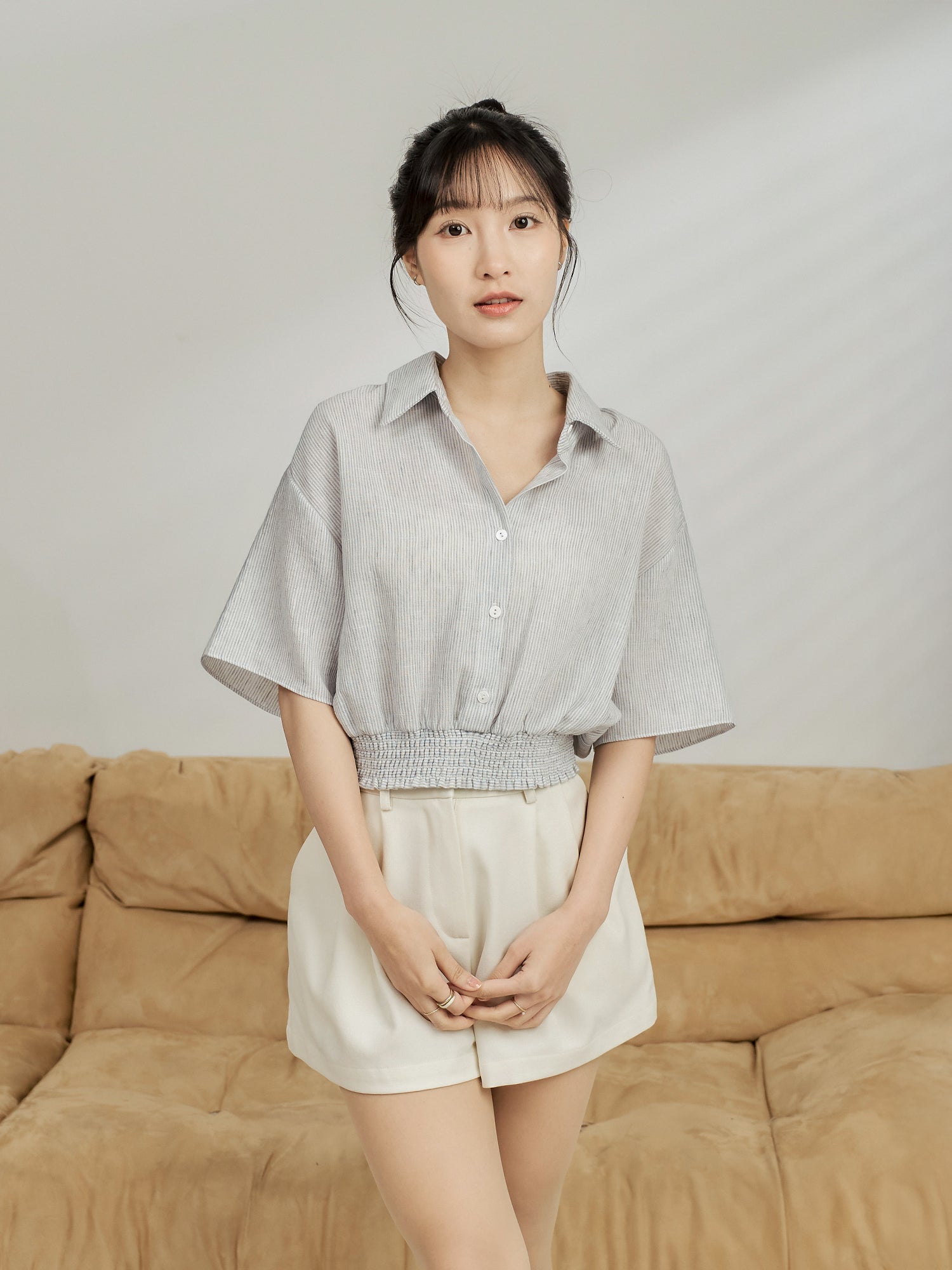 Striped Shirring Waist Shirt