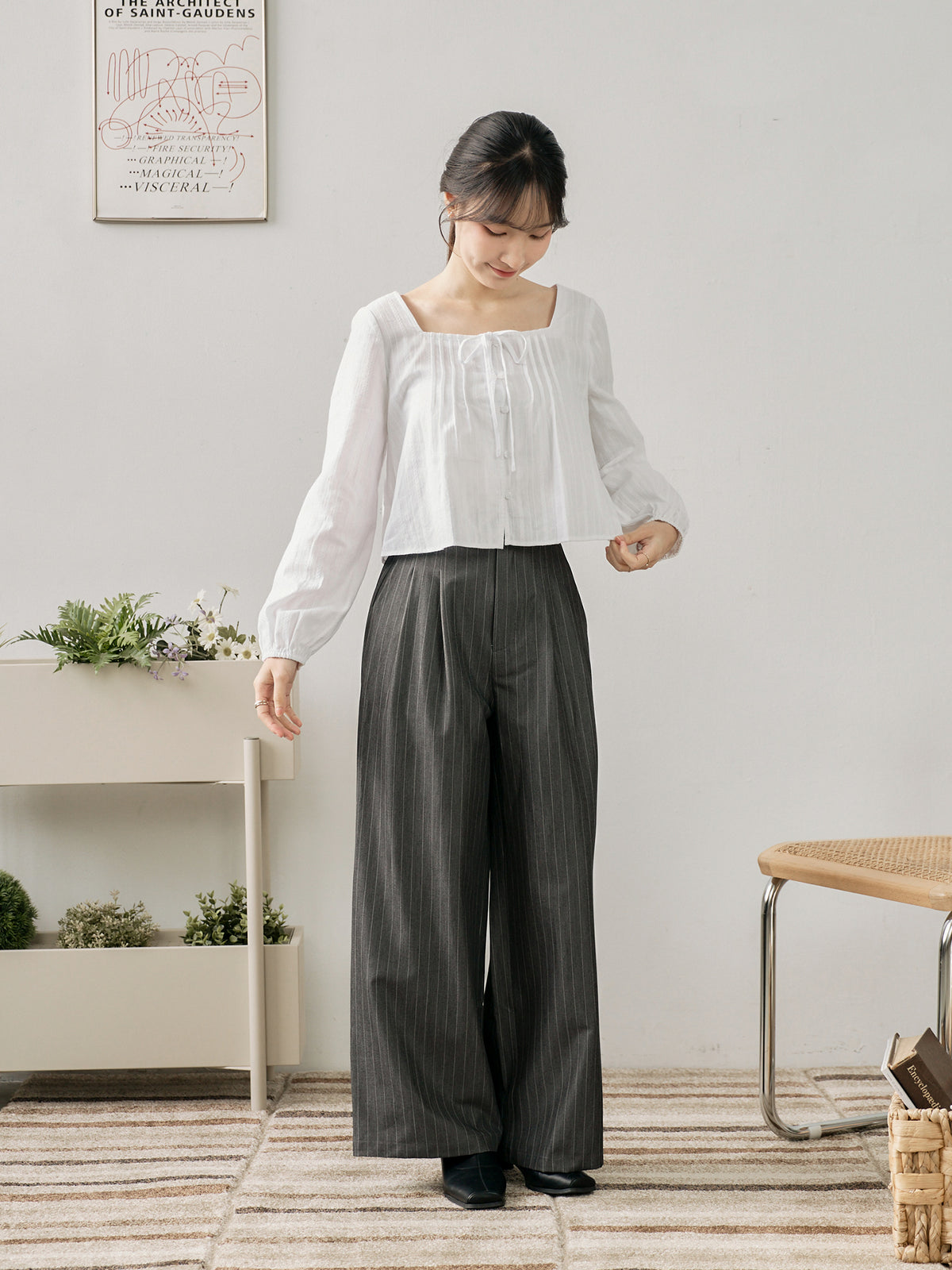 Dual Button Striped Wide-Leg Pants (With Elastic Waist)
