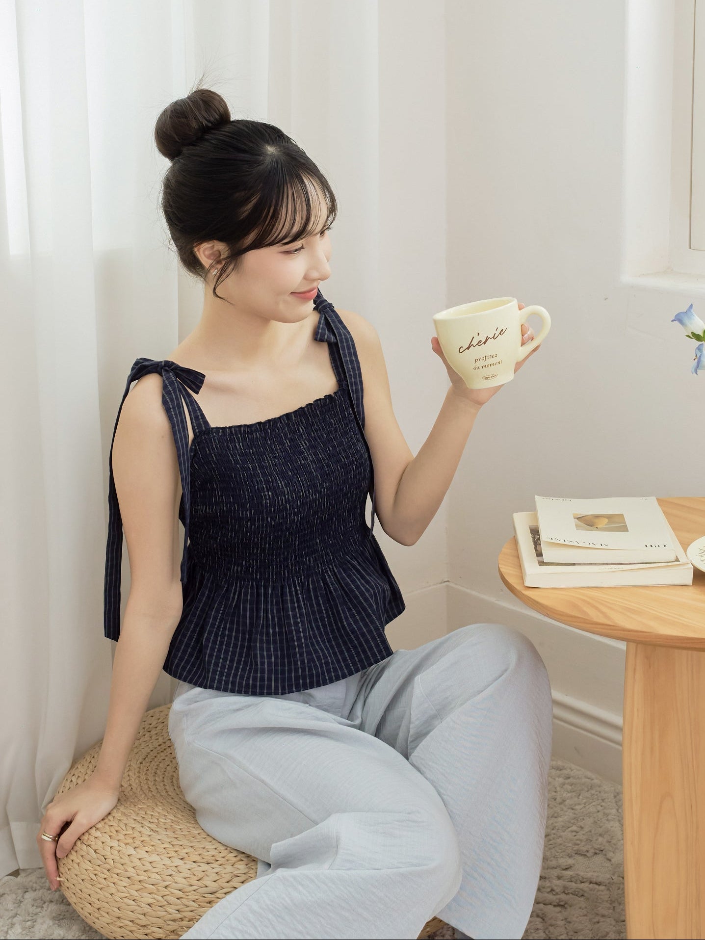 Beatrice Shirred Tie Strap Plaid Top