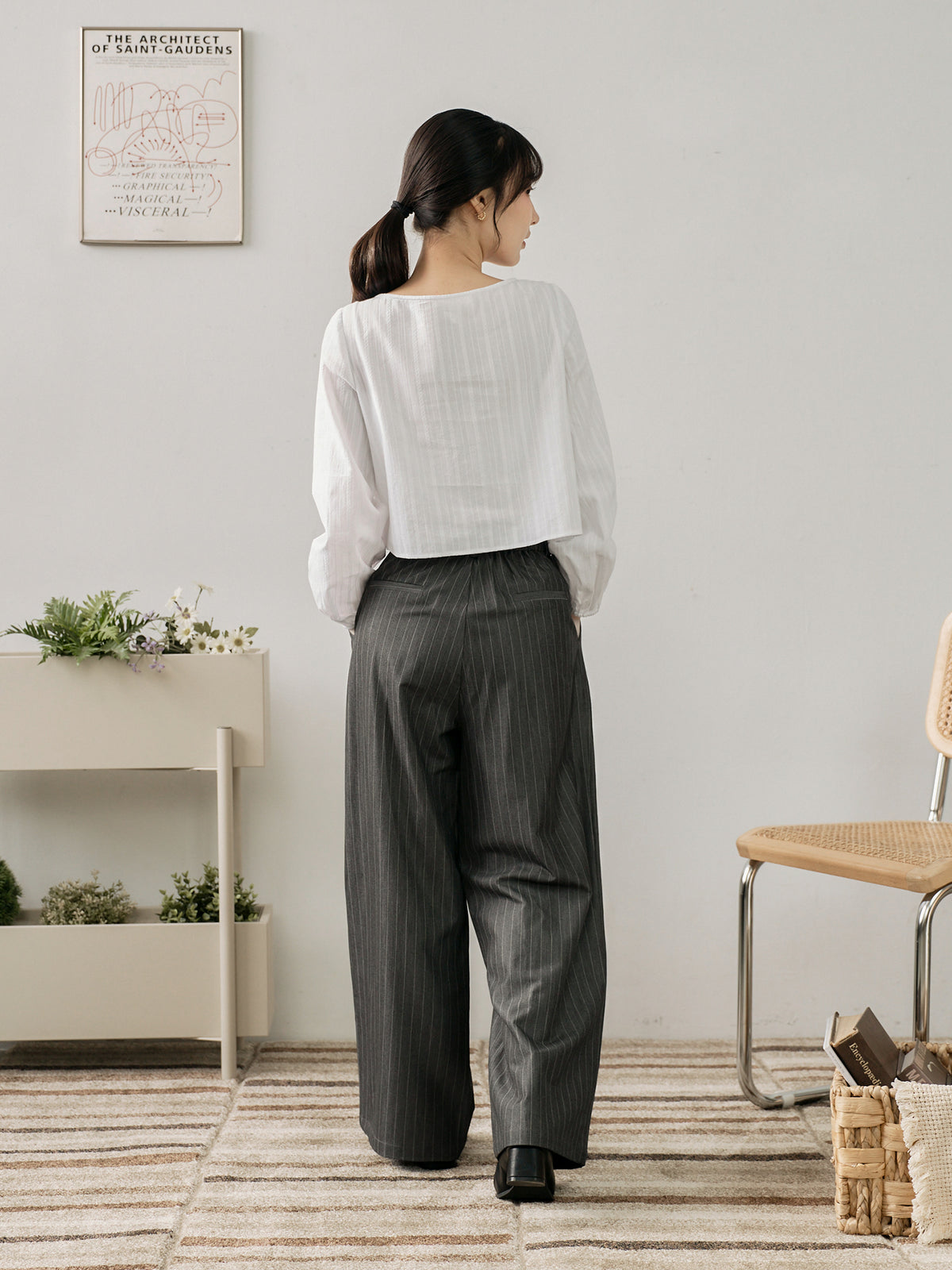 Dual Button Striped Wide-Leg Pants (With Elastic Waist)