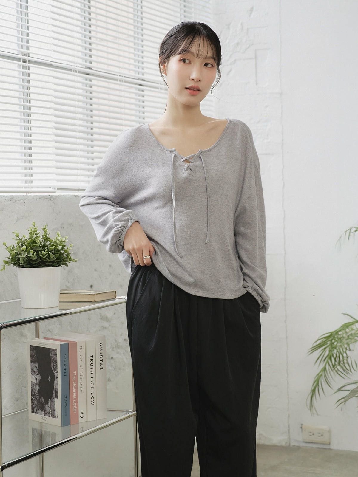 Lace Up Detailed Blended-Knit Top