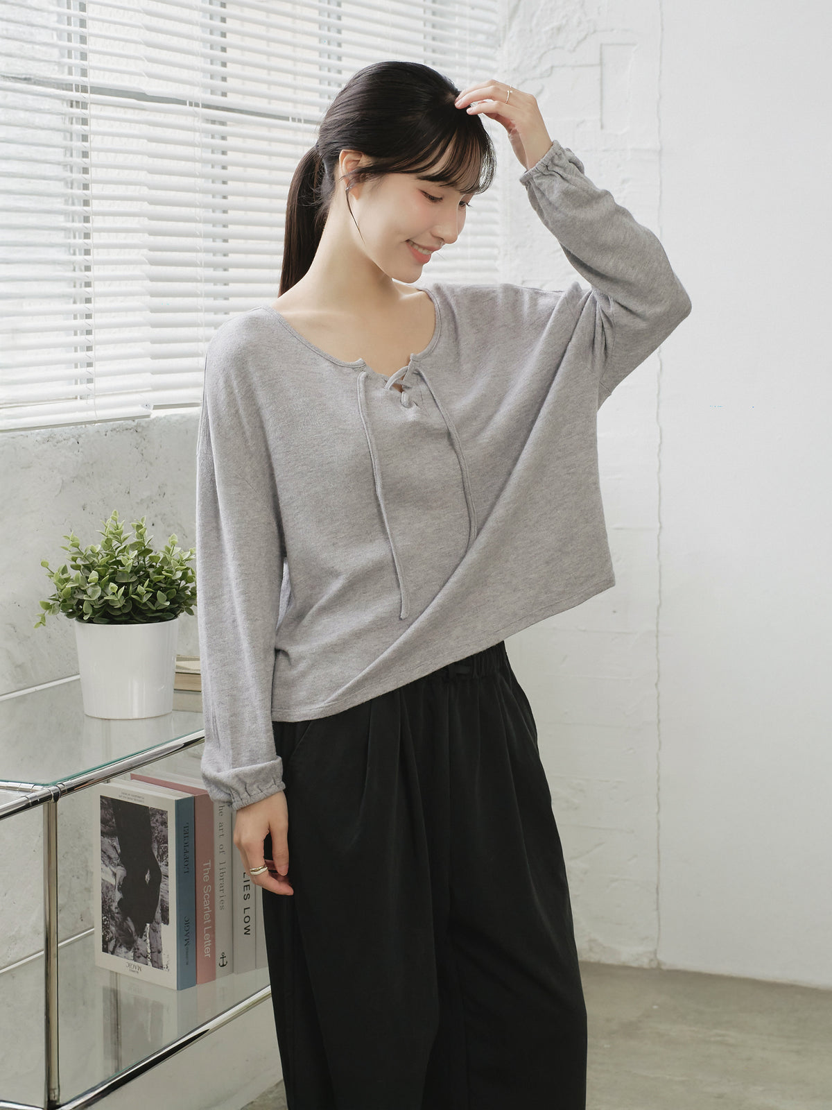 Lace Up Detailed Blended-Knit Top