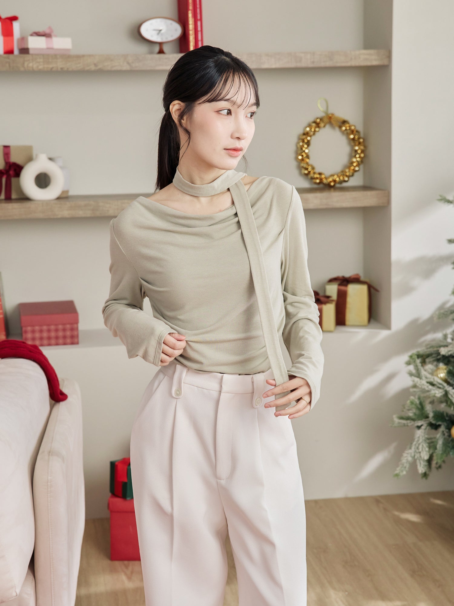 Cowl Neck Top With Scarf