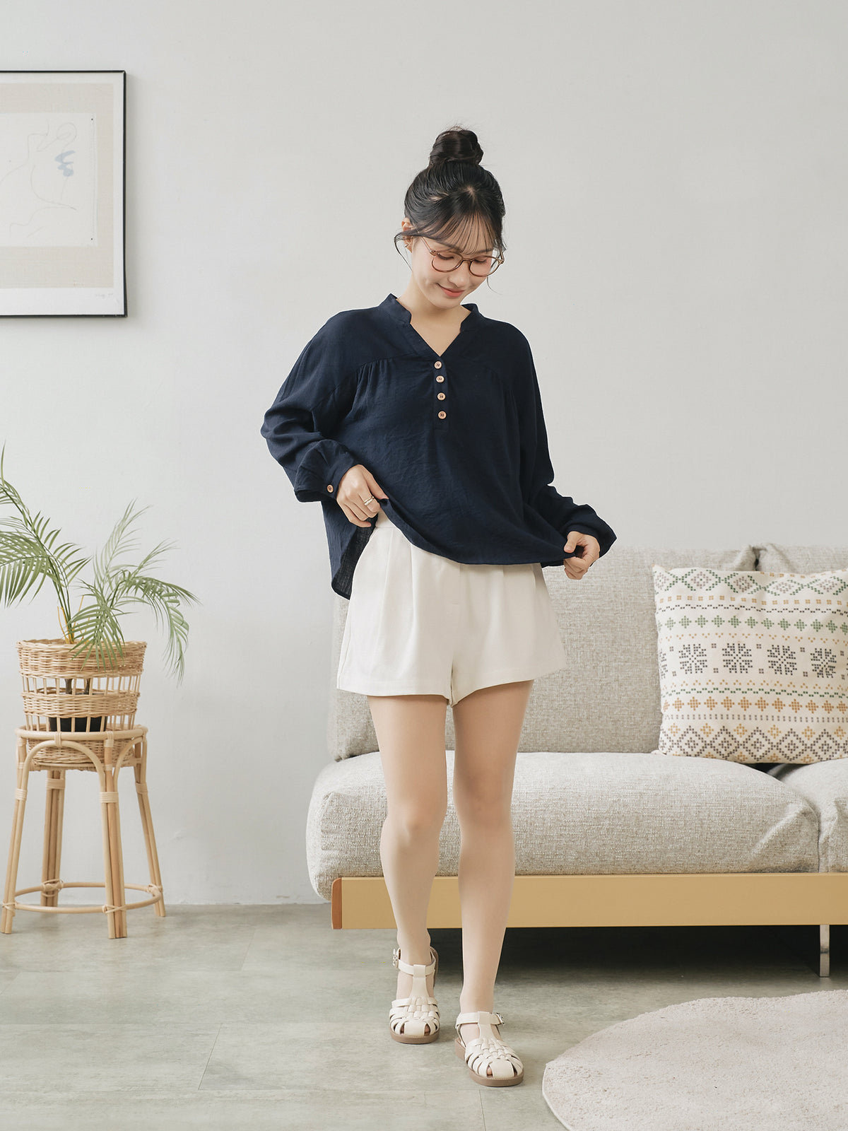 Linen Blend Buttoned Blouse