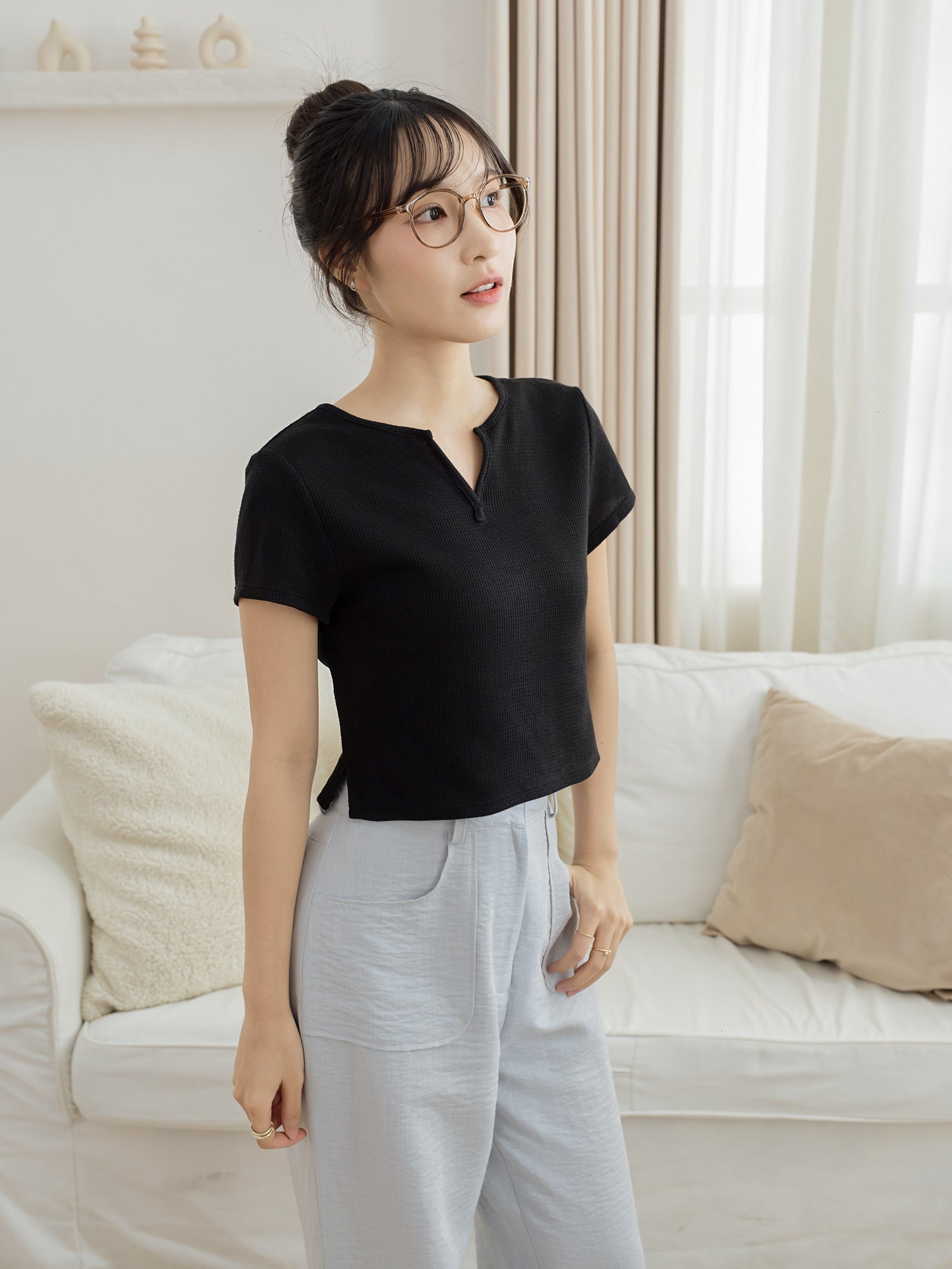 Waffle V-Neck Essential Top