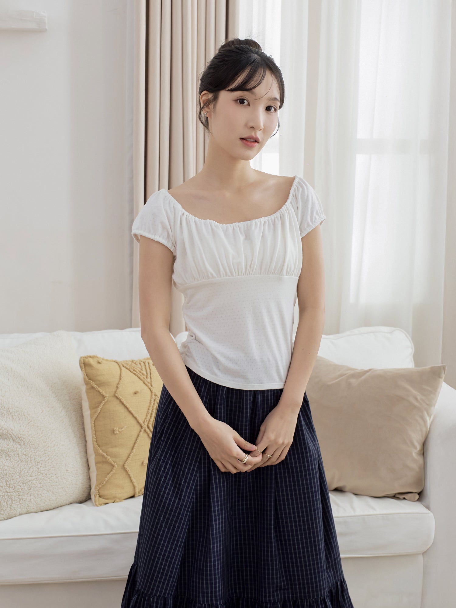 立體皺褶船領上衣