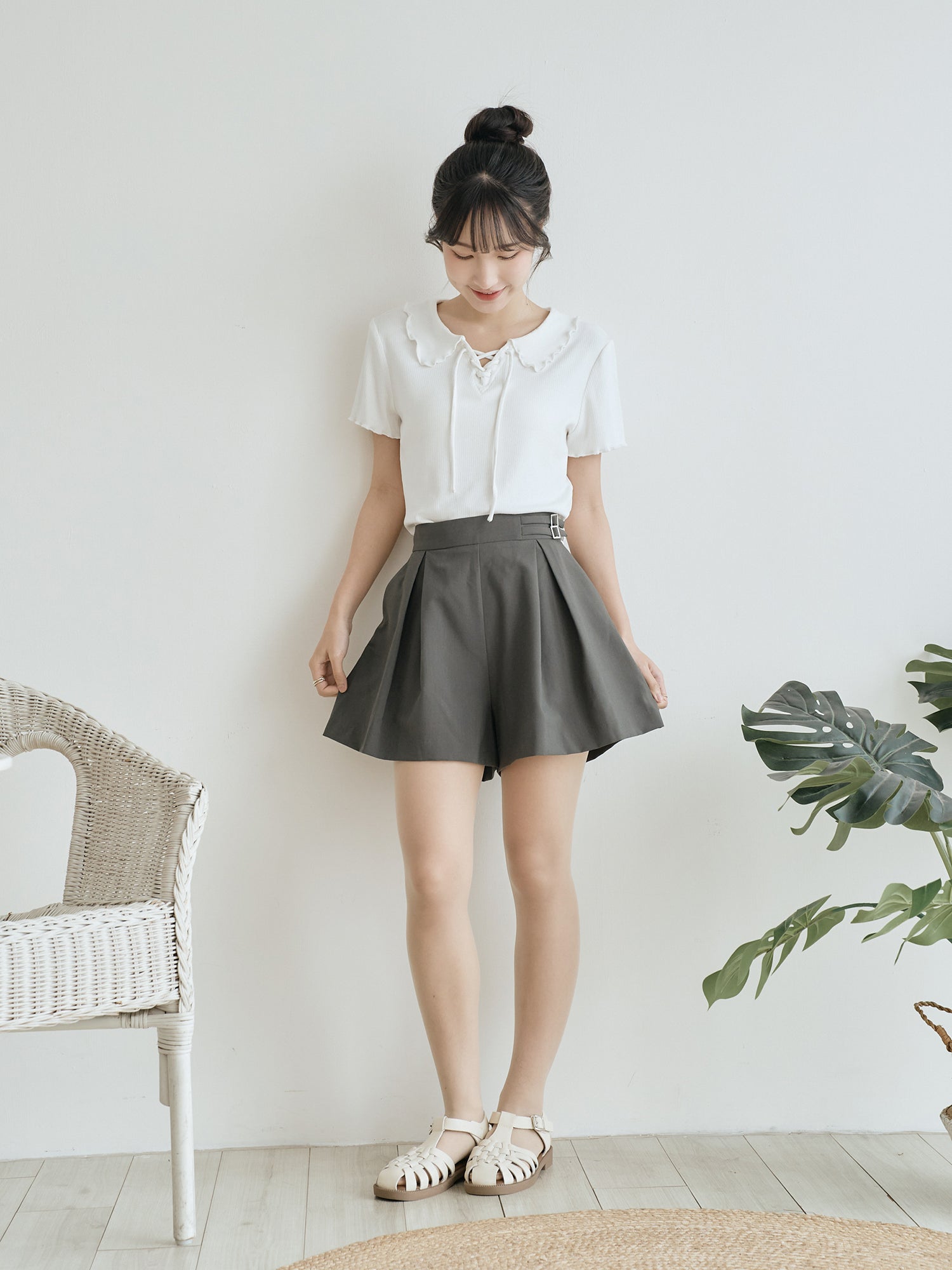 Open Collar Lace Up Top