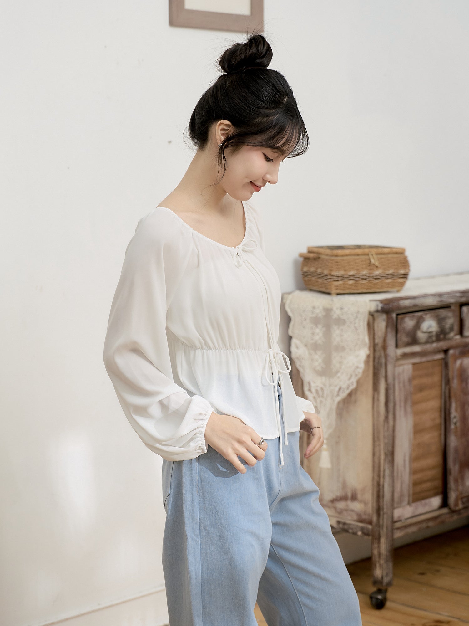 兩穿雪紡綁帶上衣