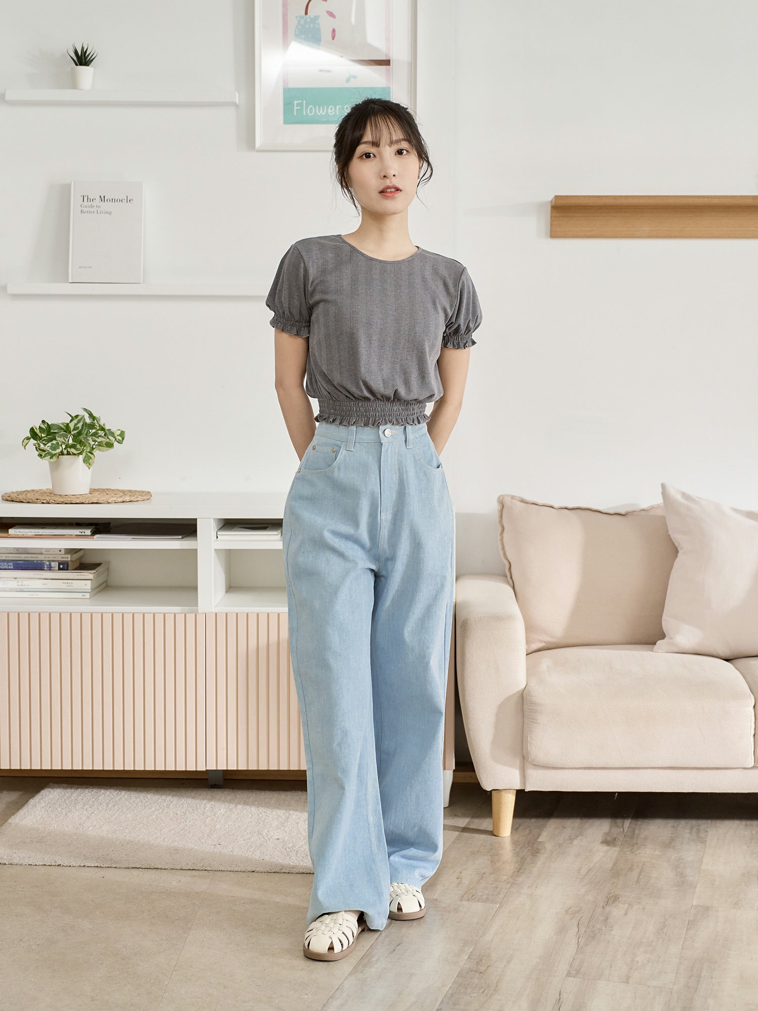 Pointelle Puff Sleeve Shirring Top