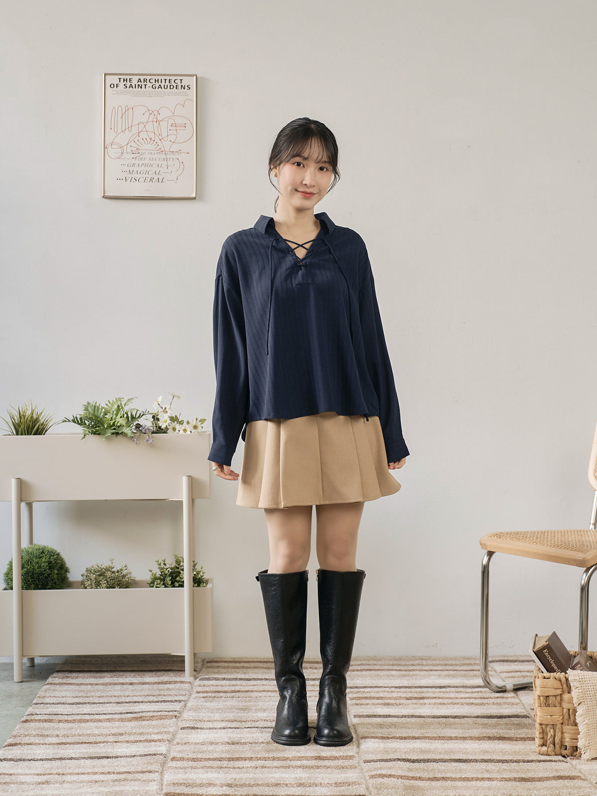 休閒綁帶翻領襯衫