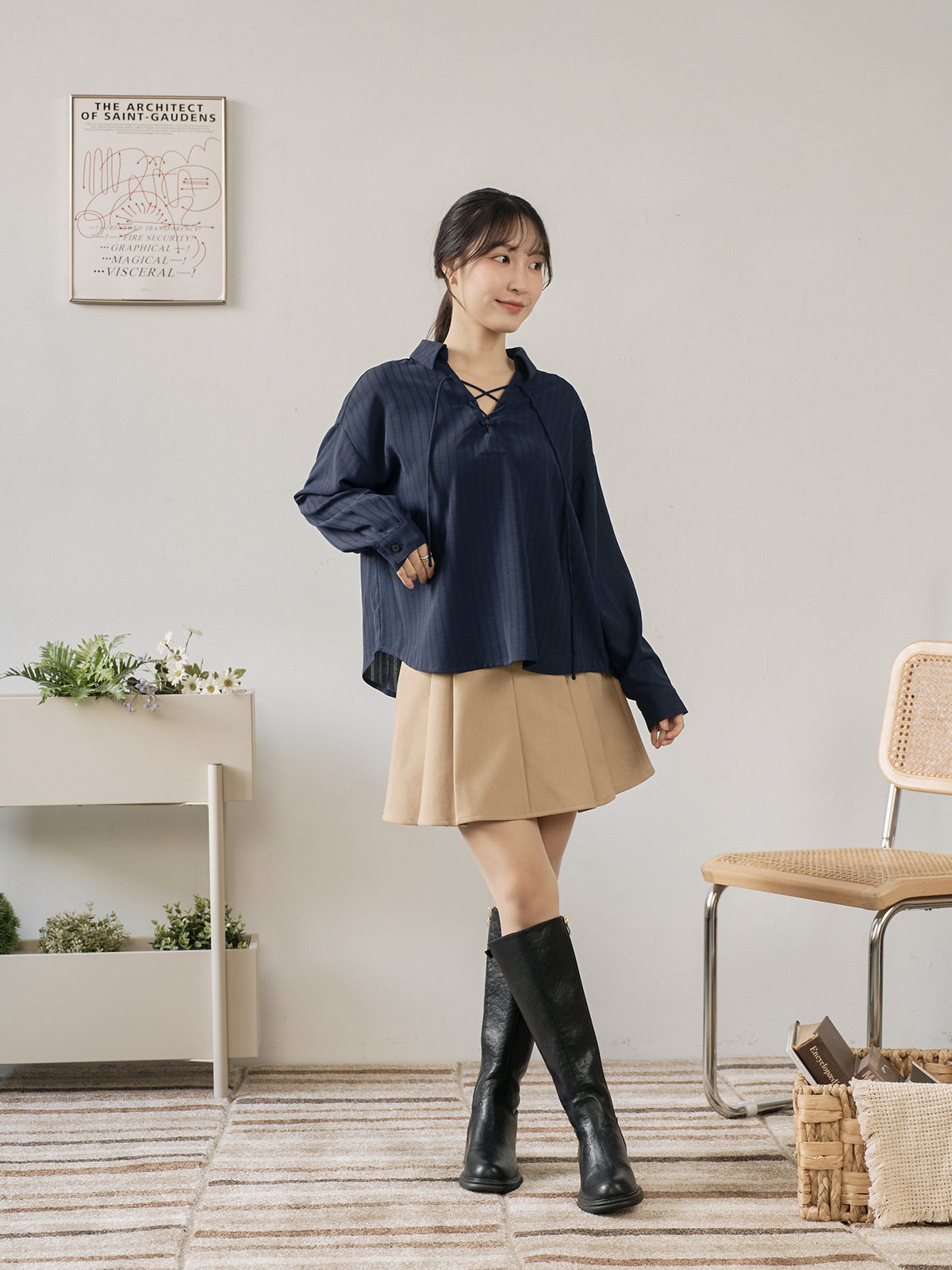 休閒綁帶翻領襯衫
