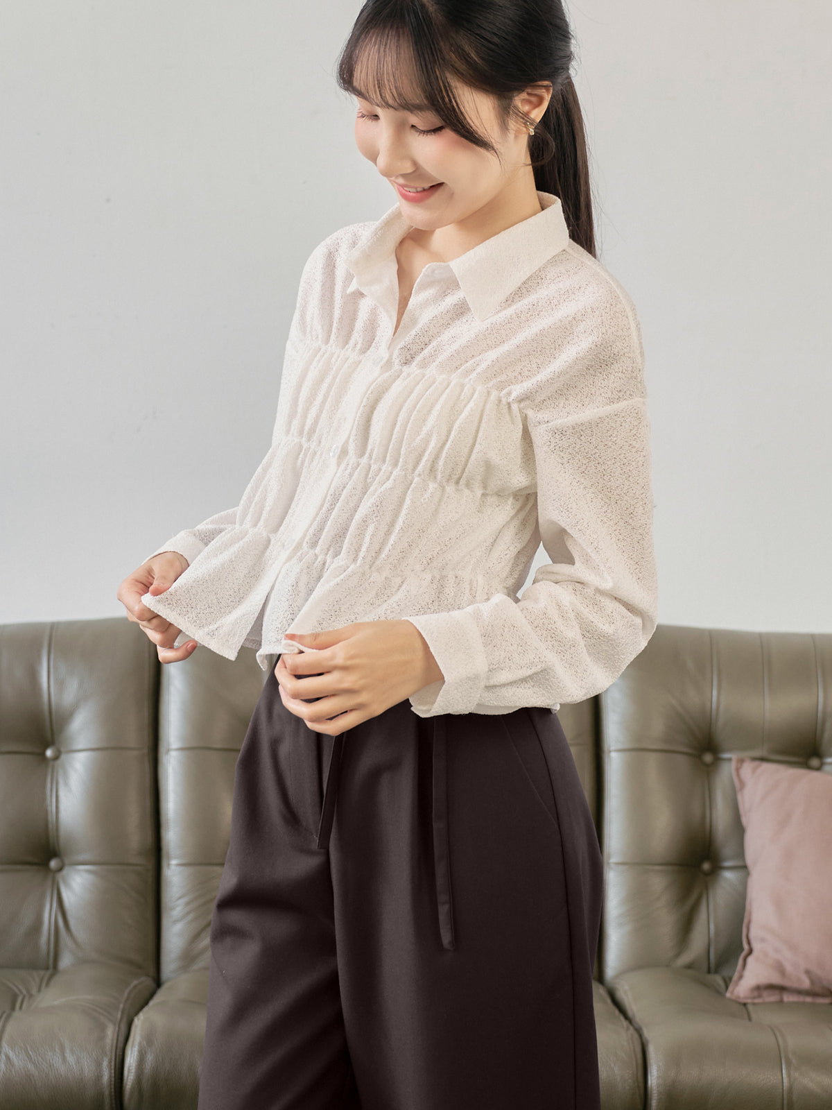 Wavy Hem Shirred Shirt
