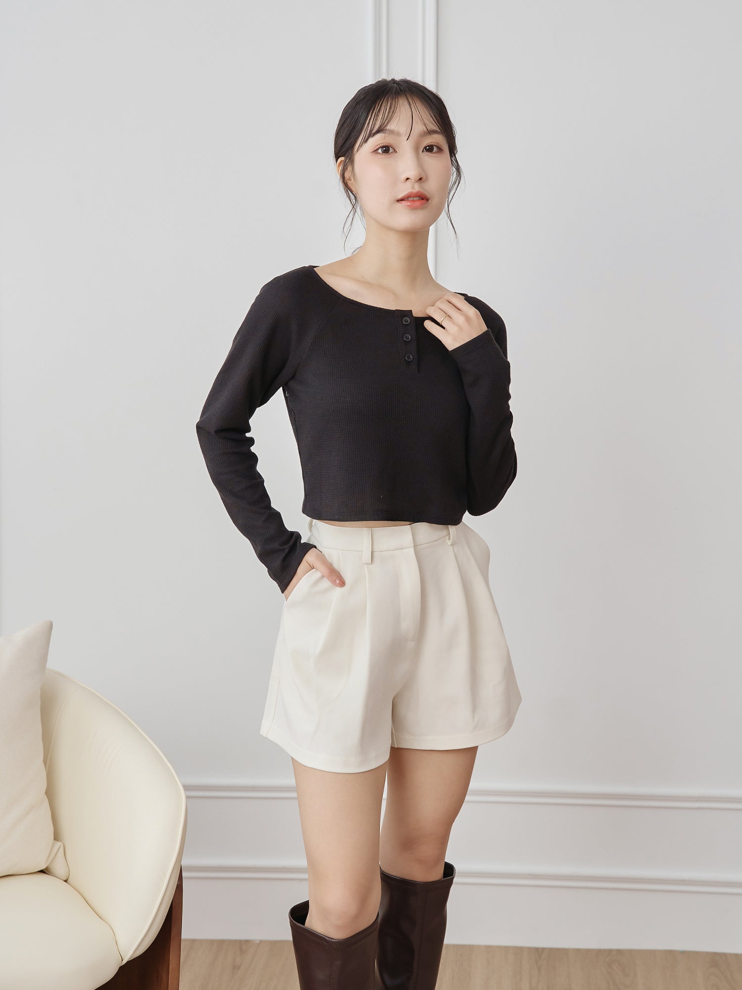 牛角袖華夫格上衣