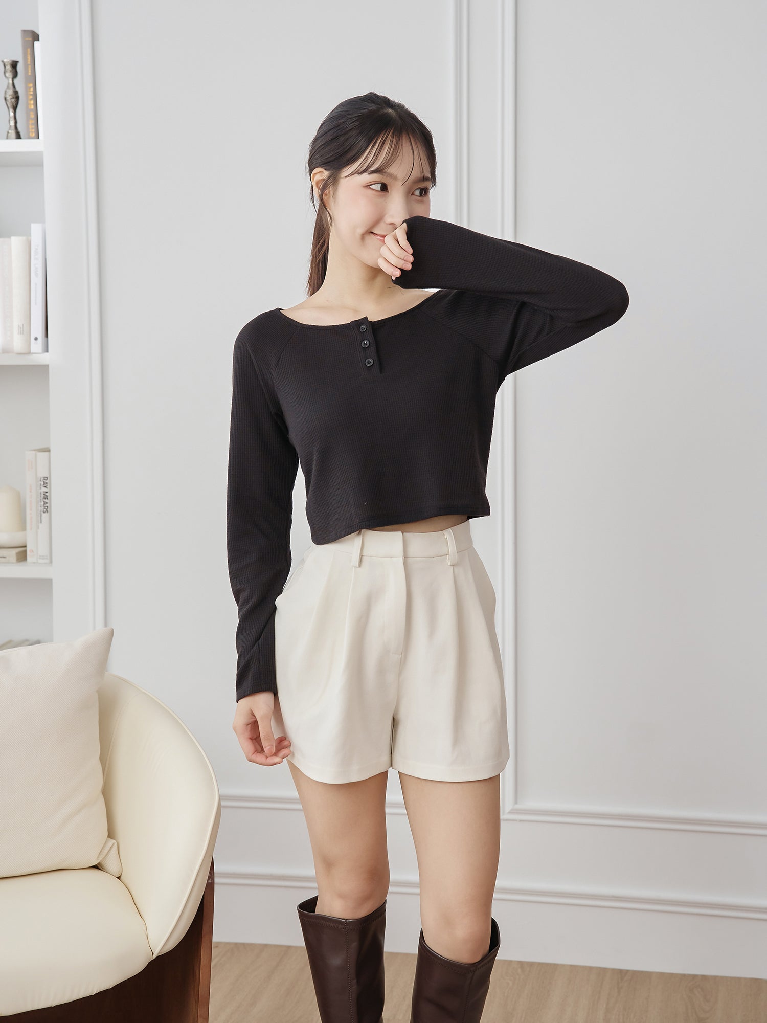 牛角袖華夫格上衣