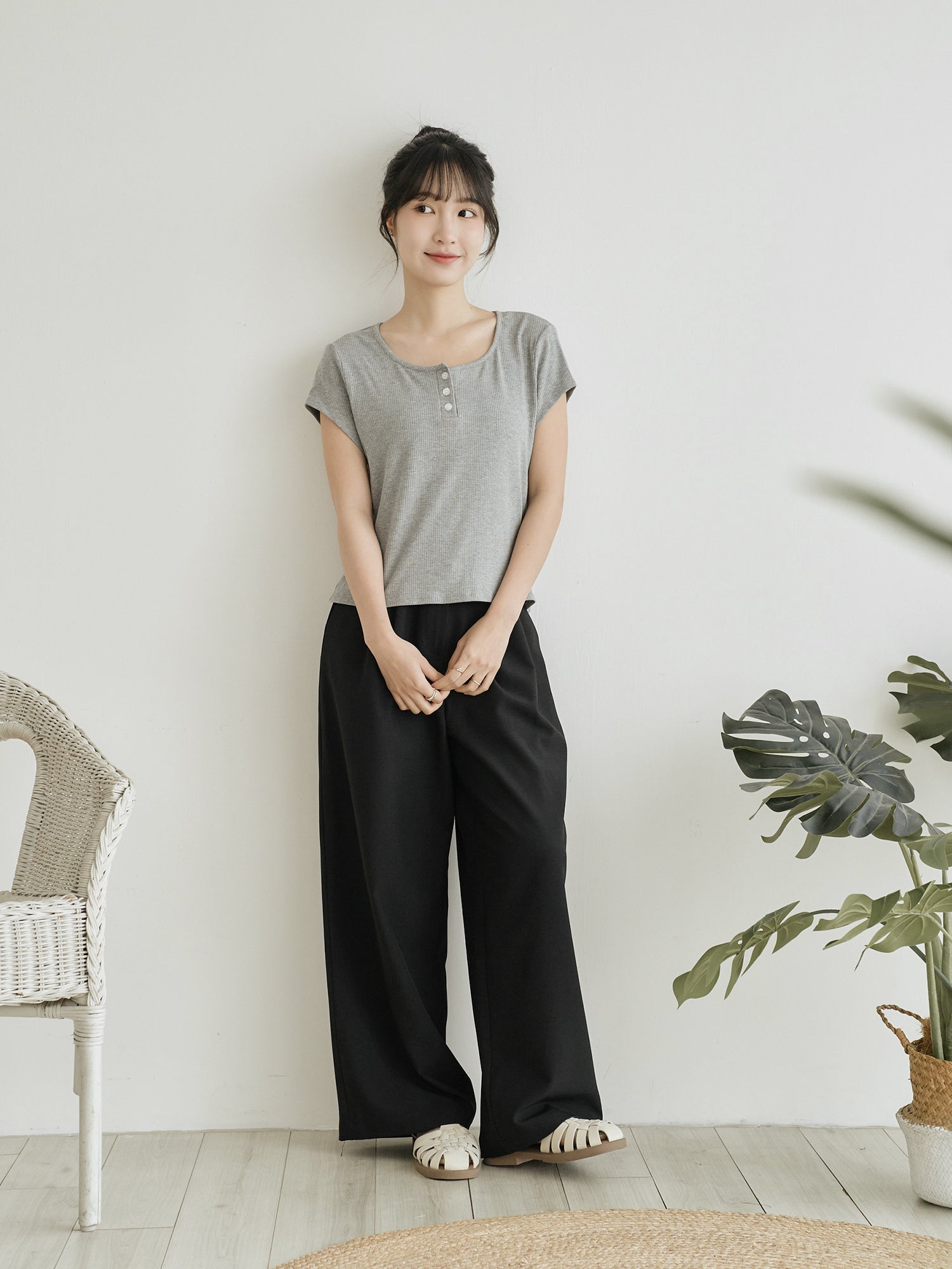 Henley Neck Ribbed Top