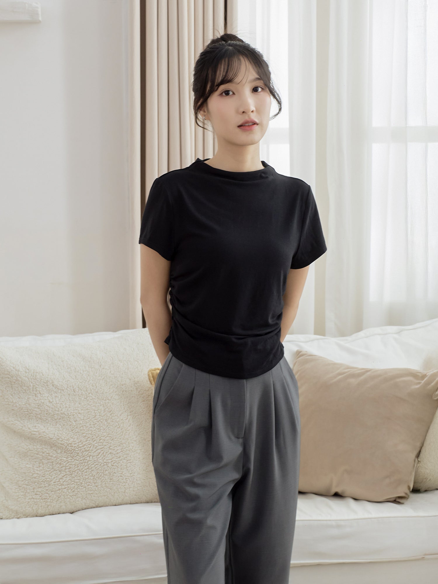 Side Shirring Short Sleeve Top
