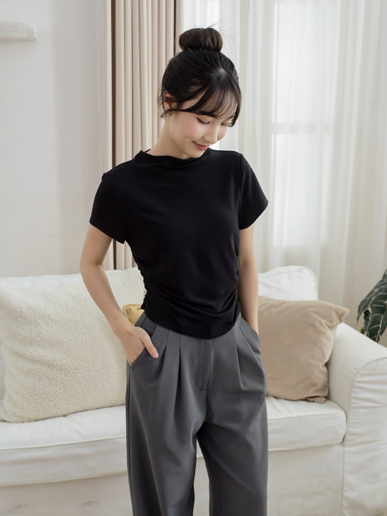 Side Shirring Short Sleeve Top