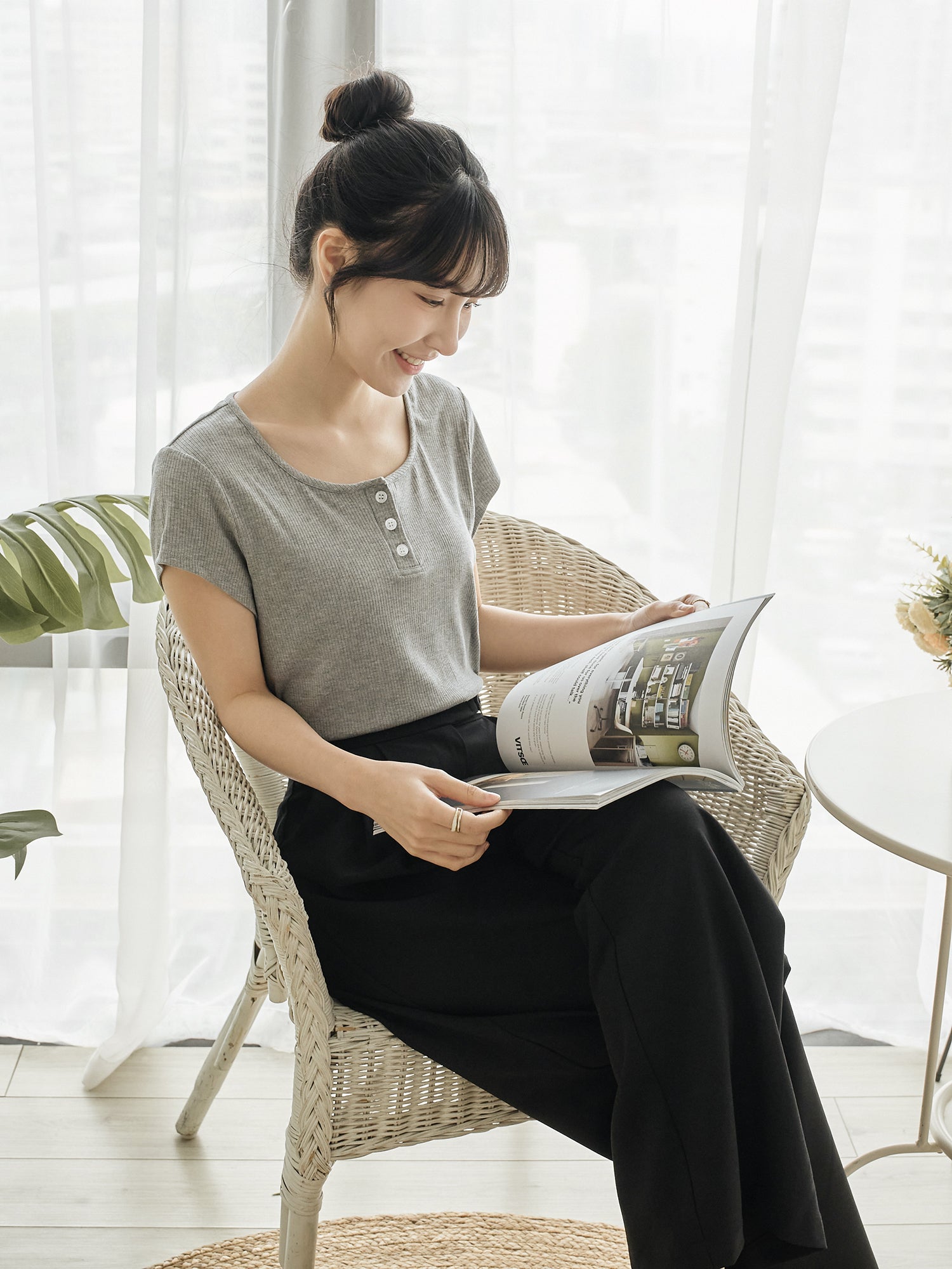 Henley Neck Ribbed Top