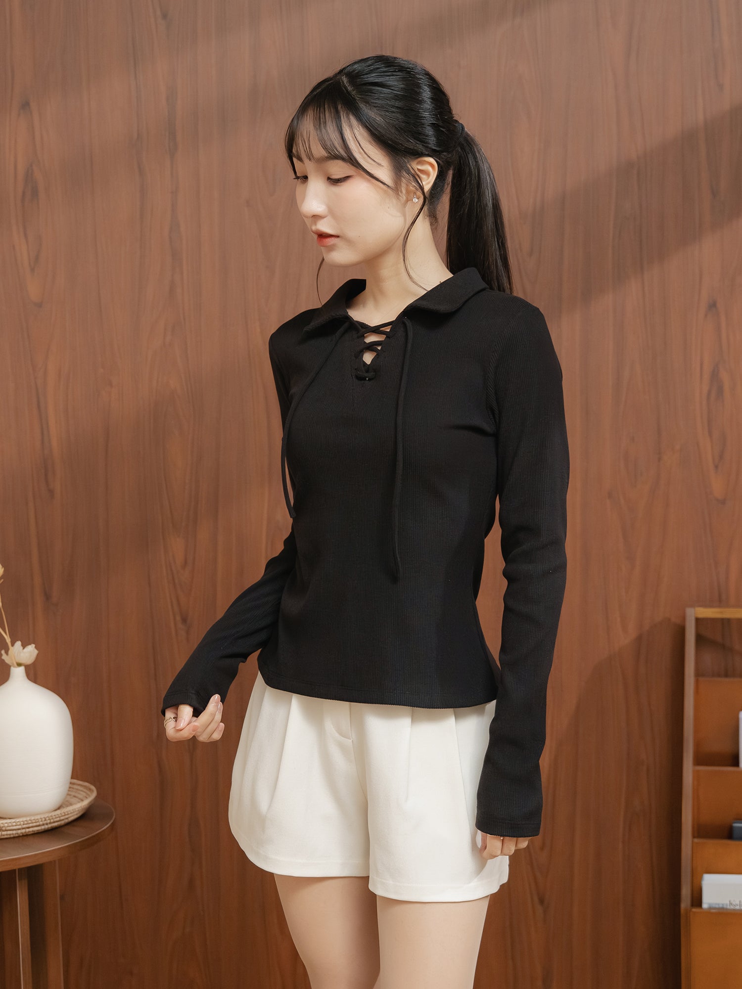 Lace Up Collared Top