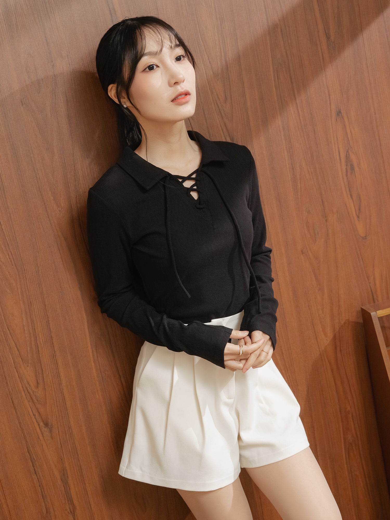 Lace Up Collared Top