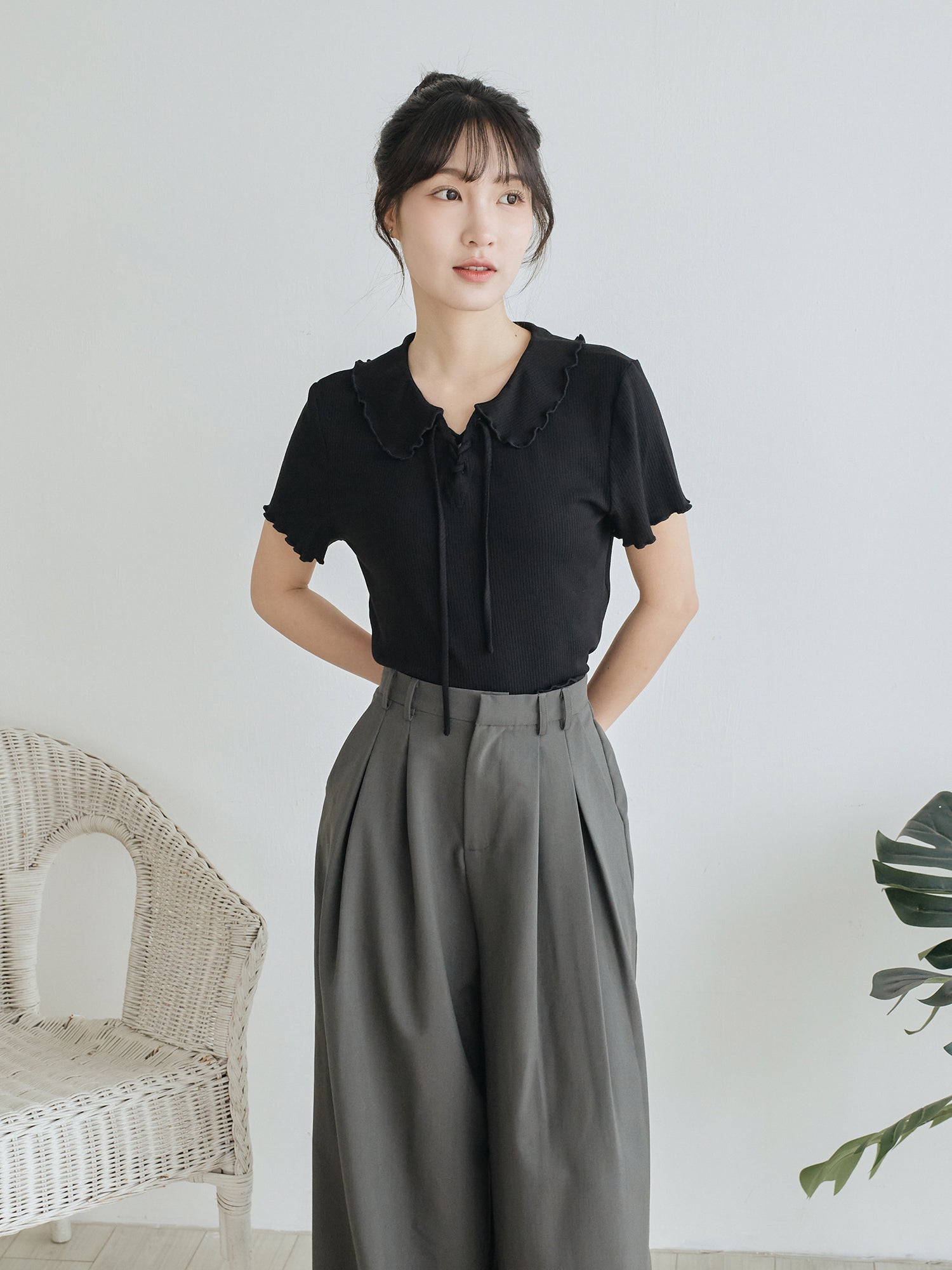 Open Collar Lace Up Top