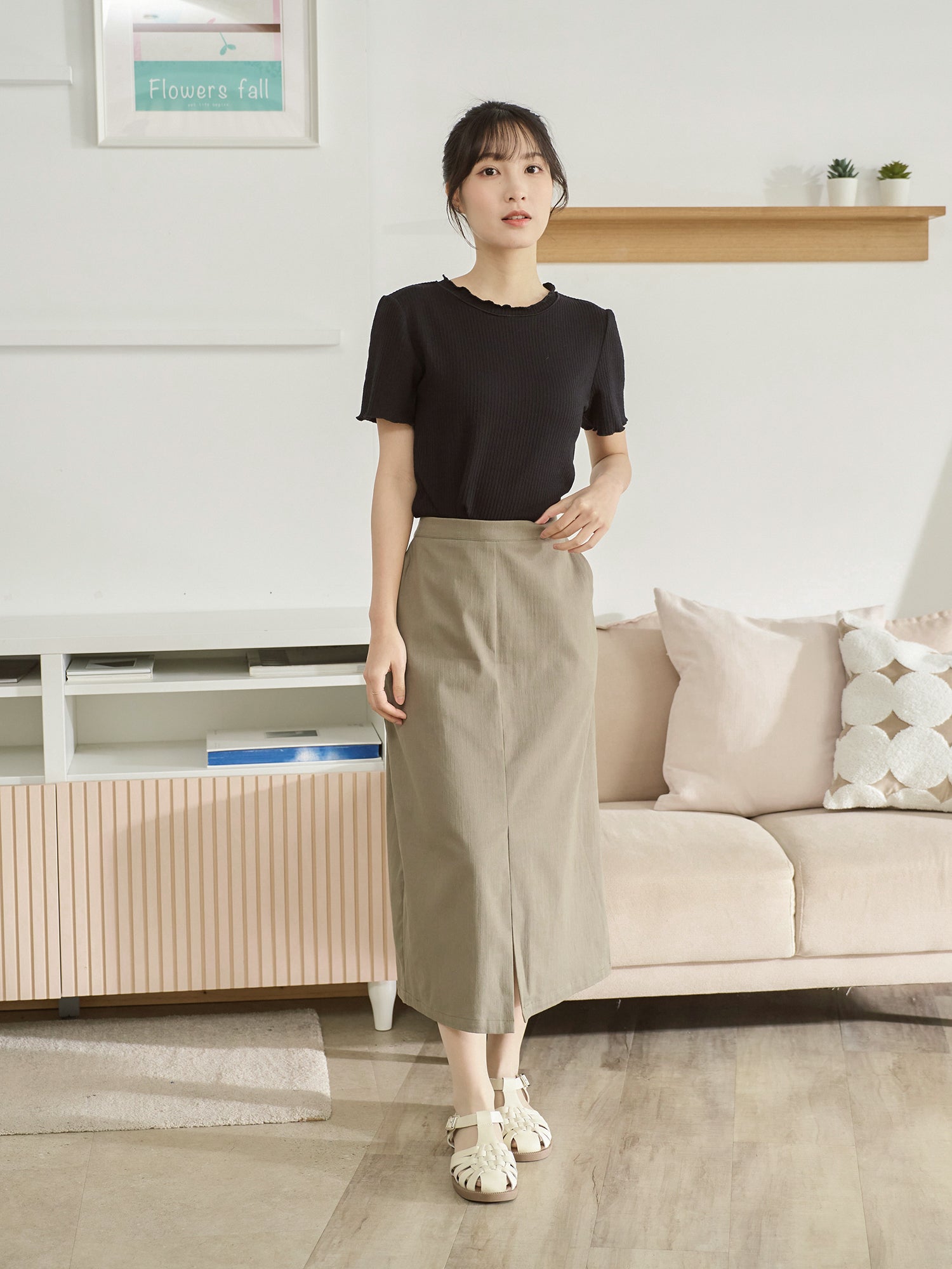 高腰前開衩半身裙