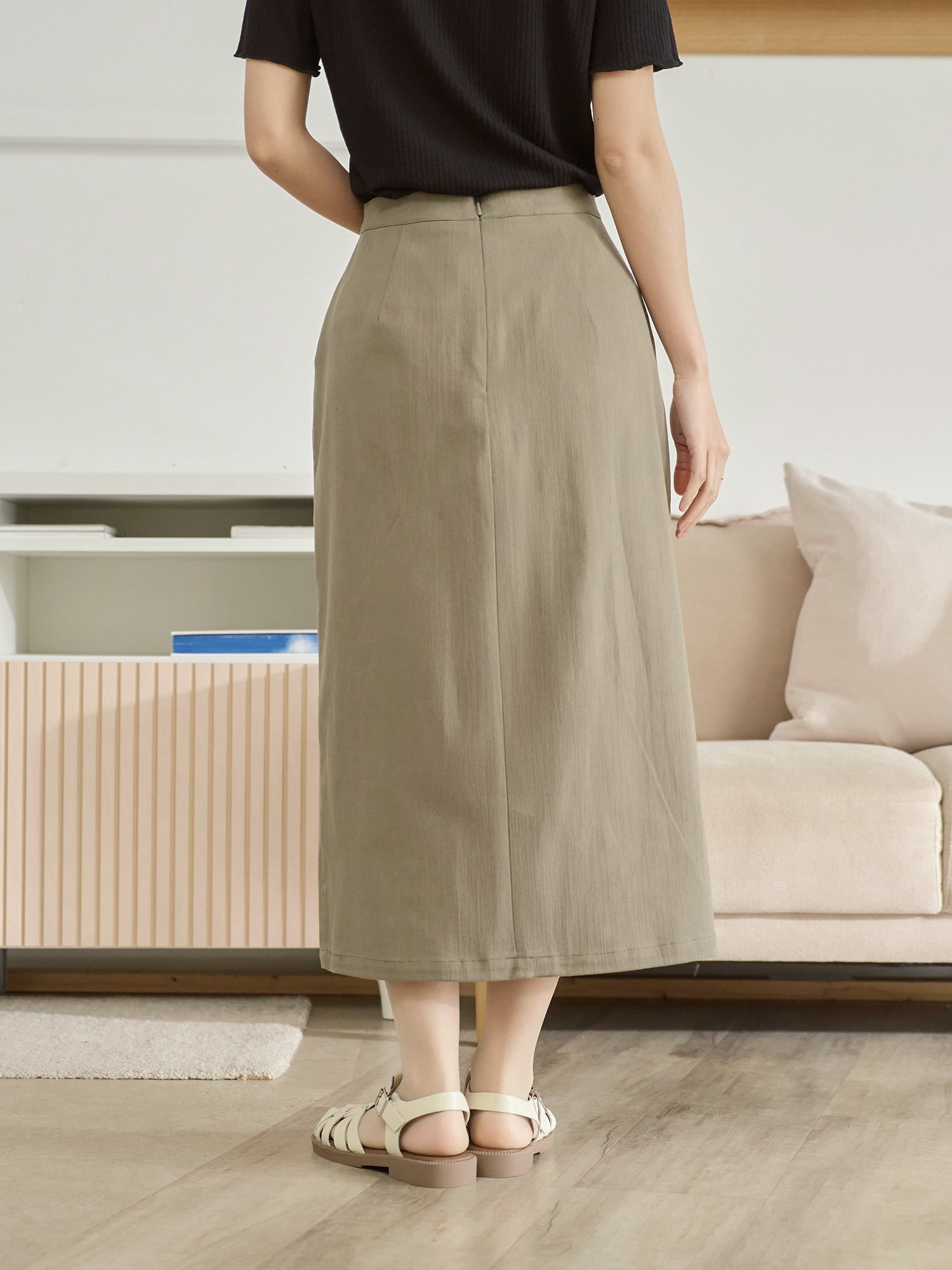 高腰前開衩半身裙