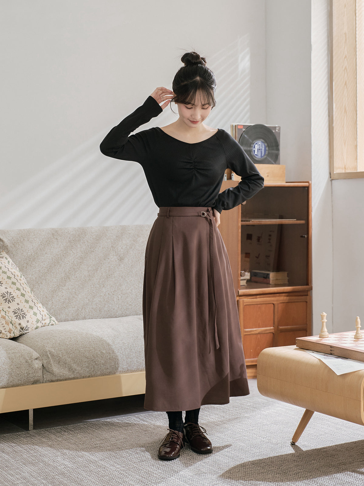 Pleated Midi Skirt With Belt