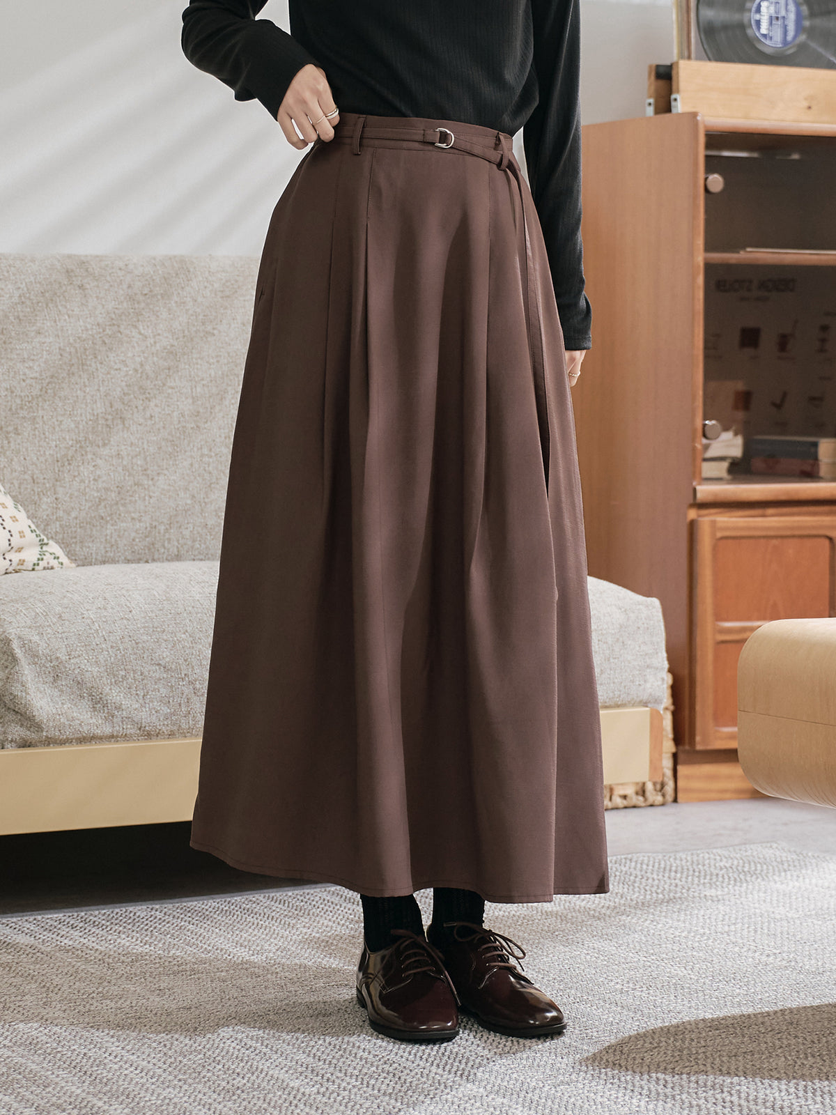 Pleated Midi Skirt With Belt