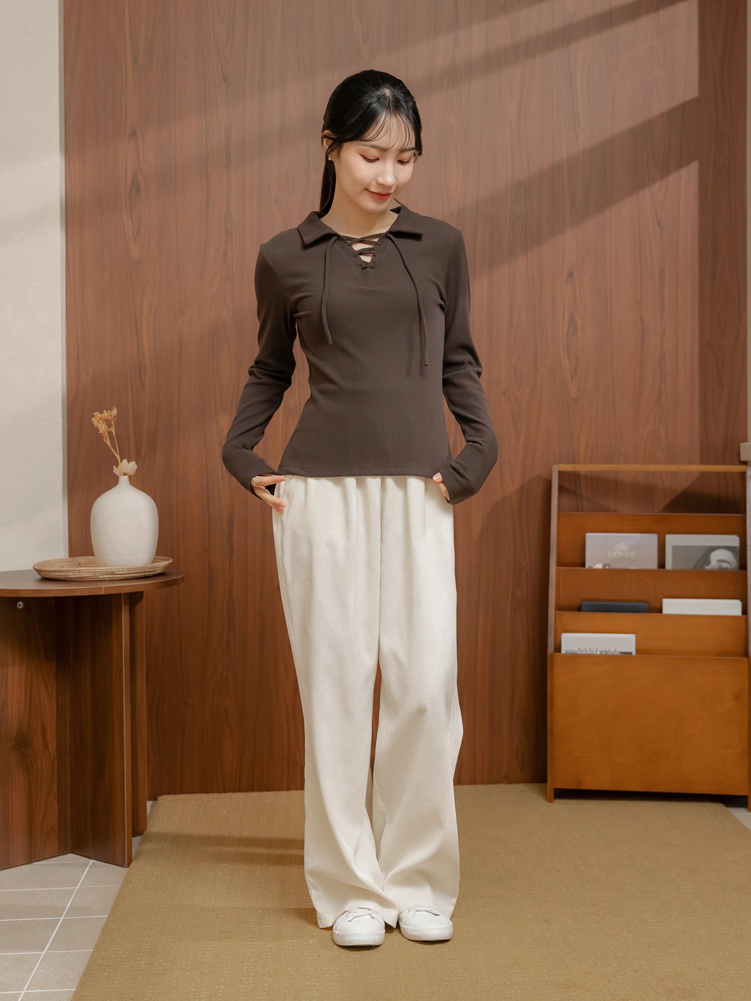 Lace Up Collared Top