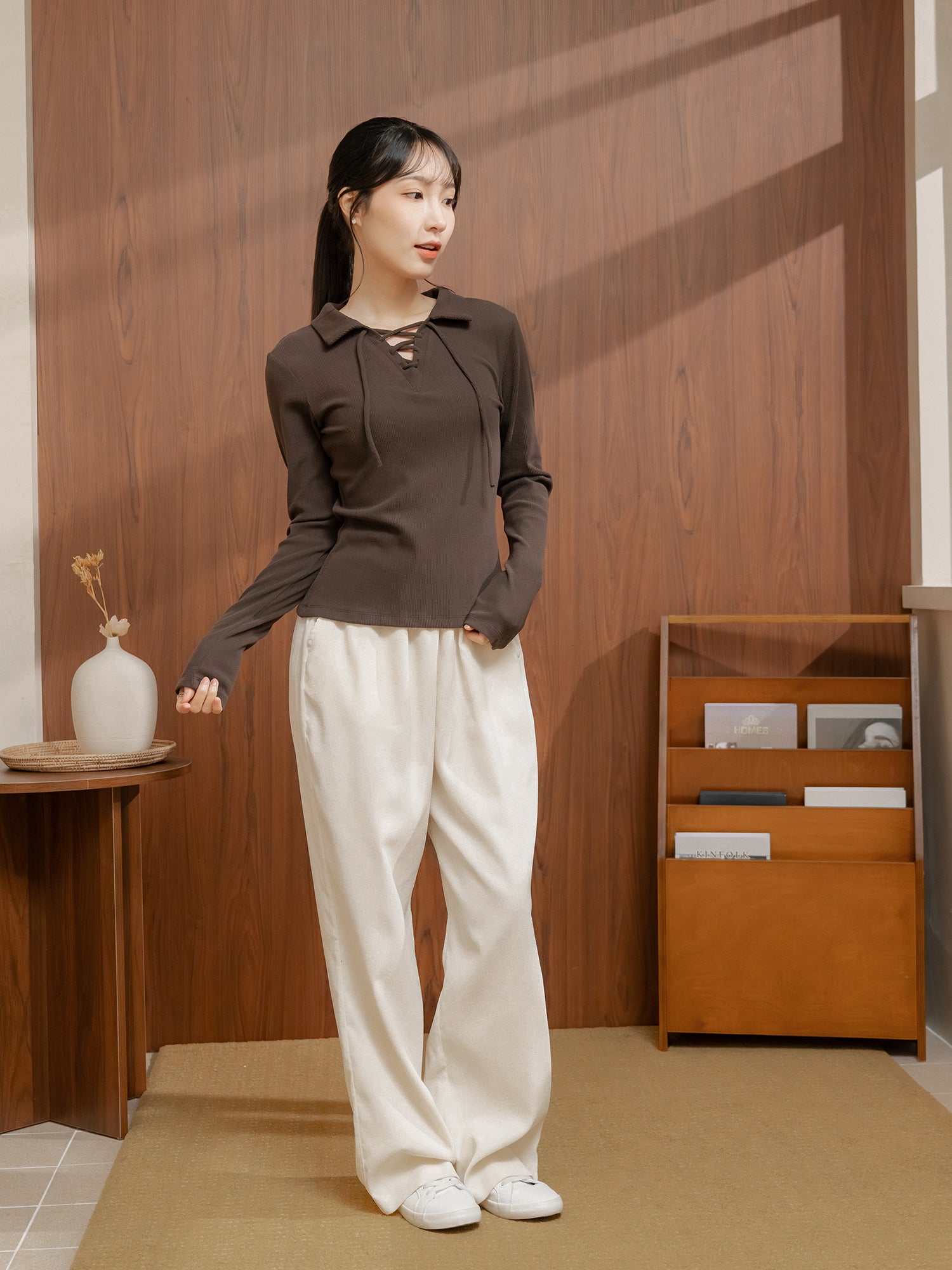 Lace Up Collared Top