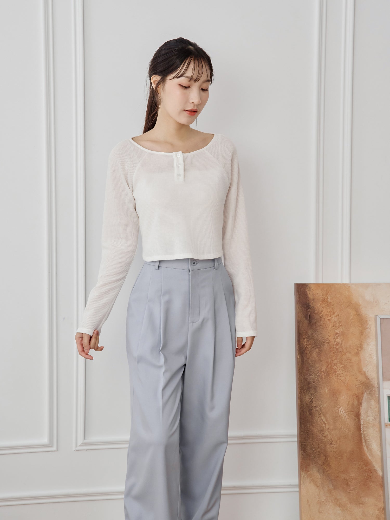 Waffle Raglan Sleeve Buttoned Top