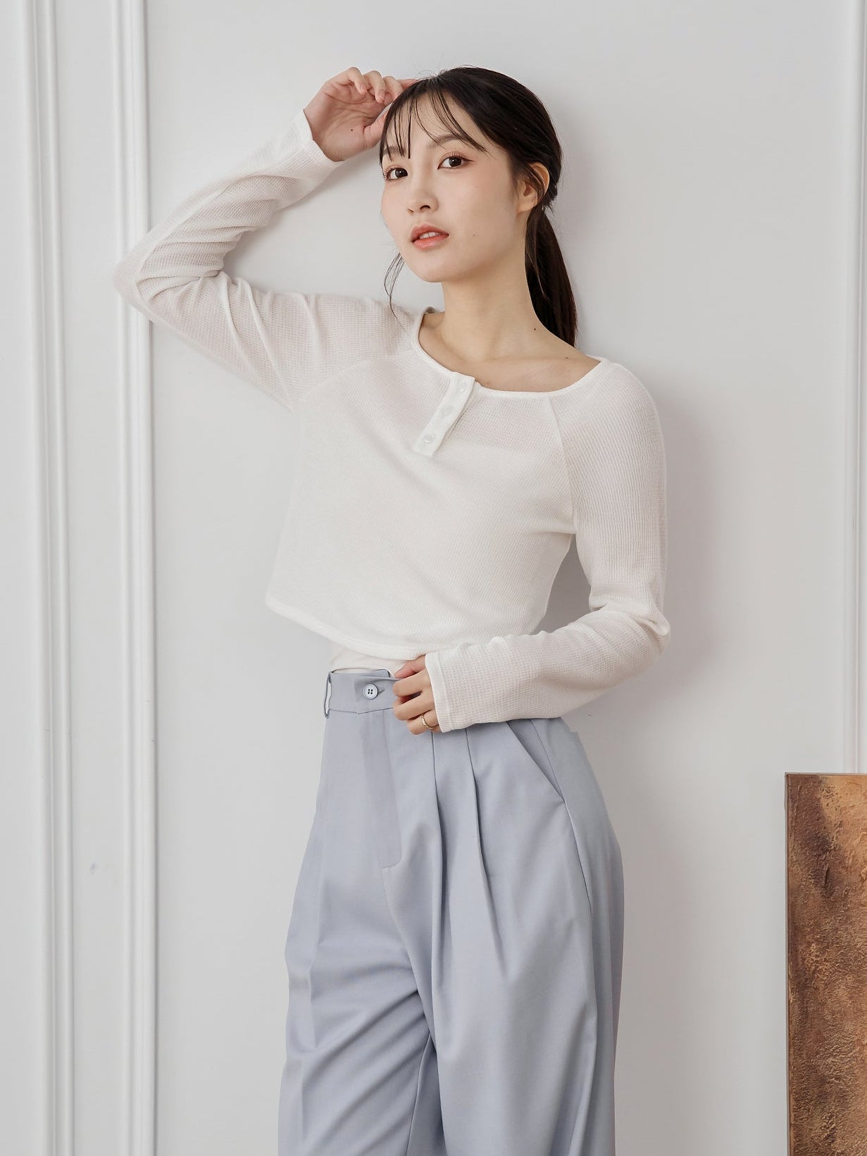 Waffle Raglan Sleeve Buttoned Top