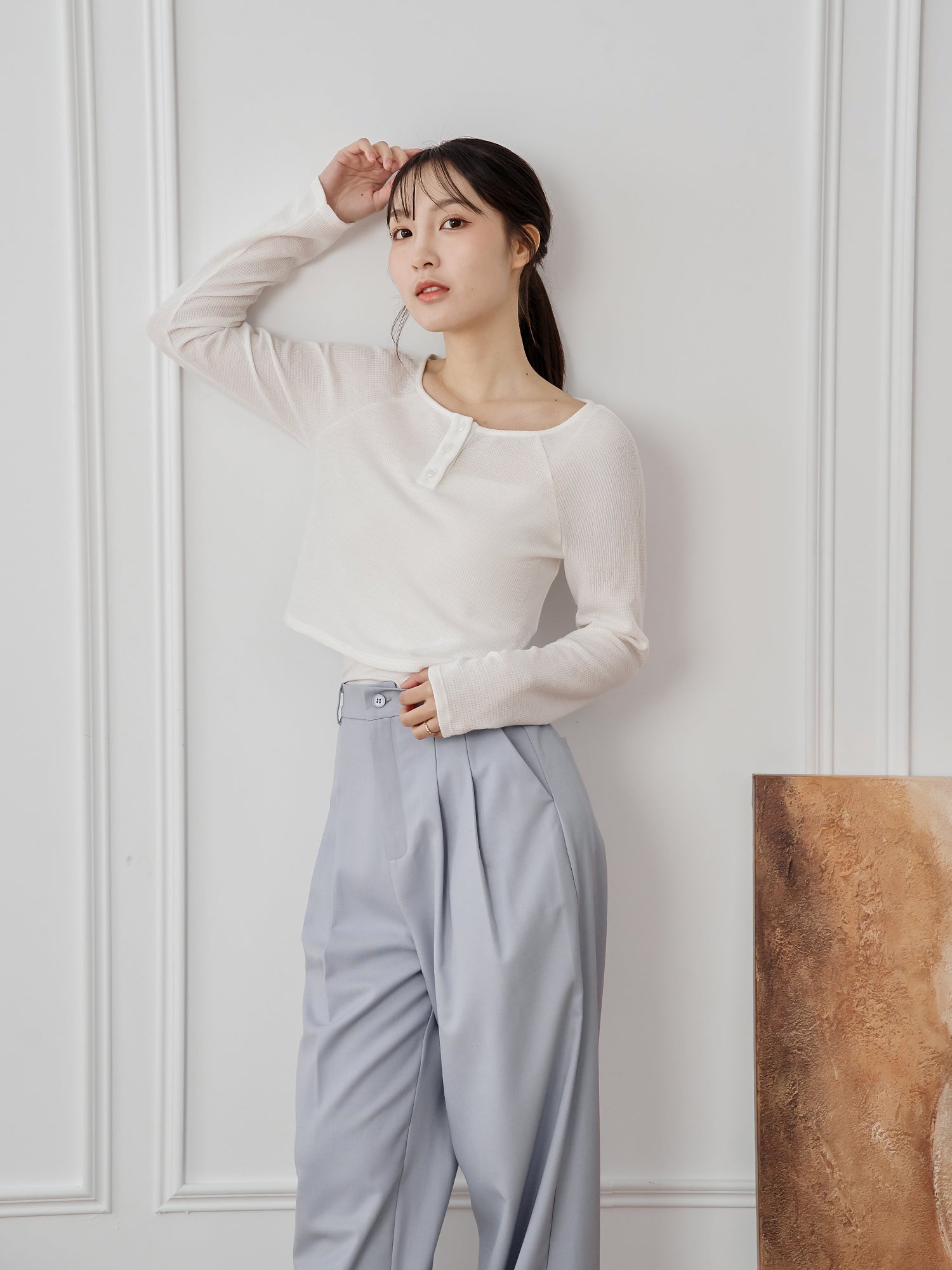 Waffle Raglan Sleeve Buttoned Top