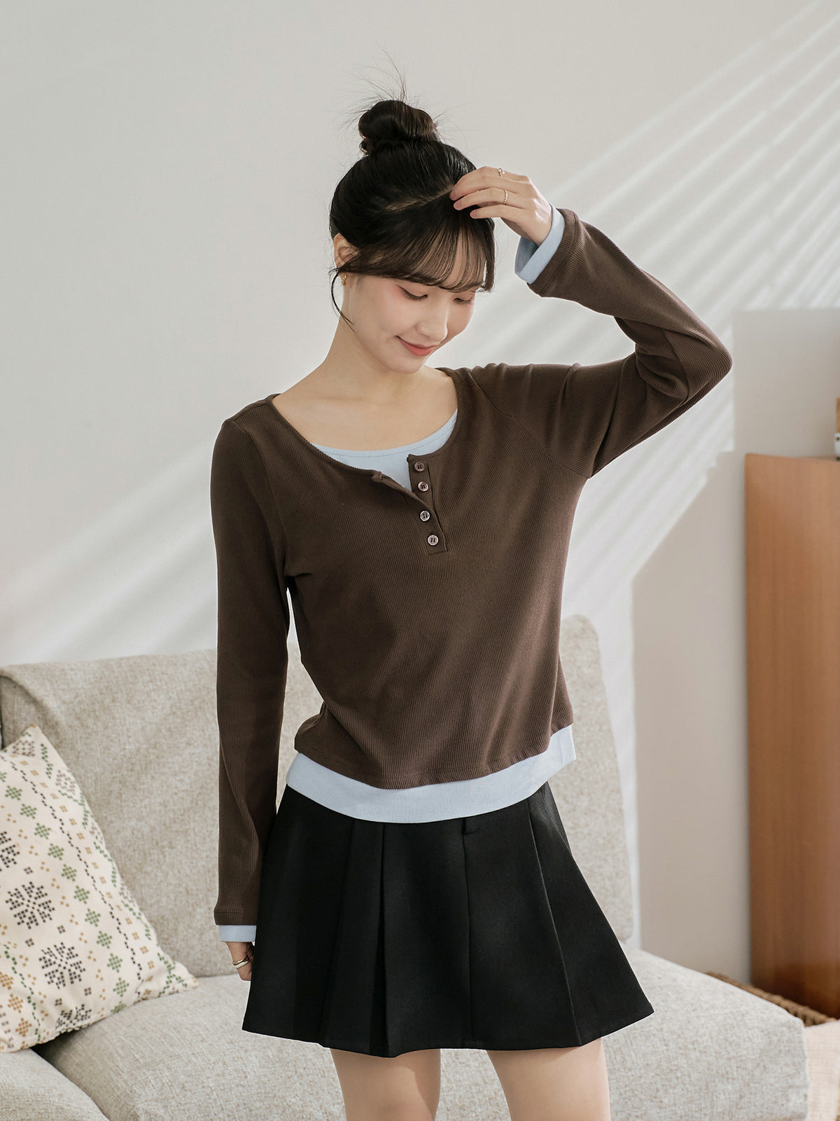 Soft Contrast Layered Henley Top