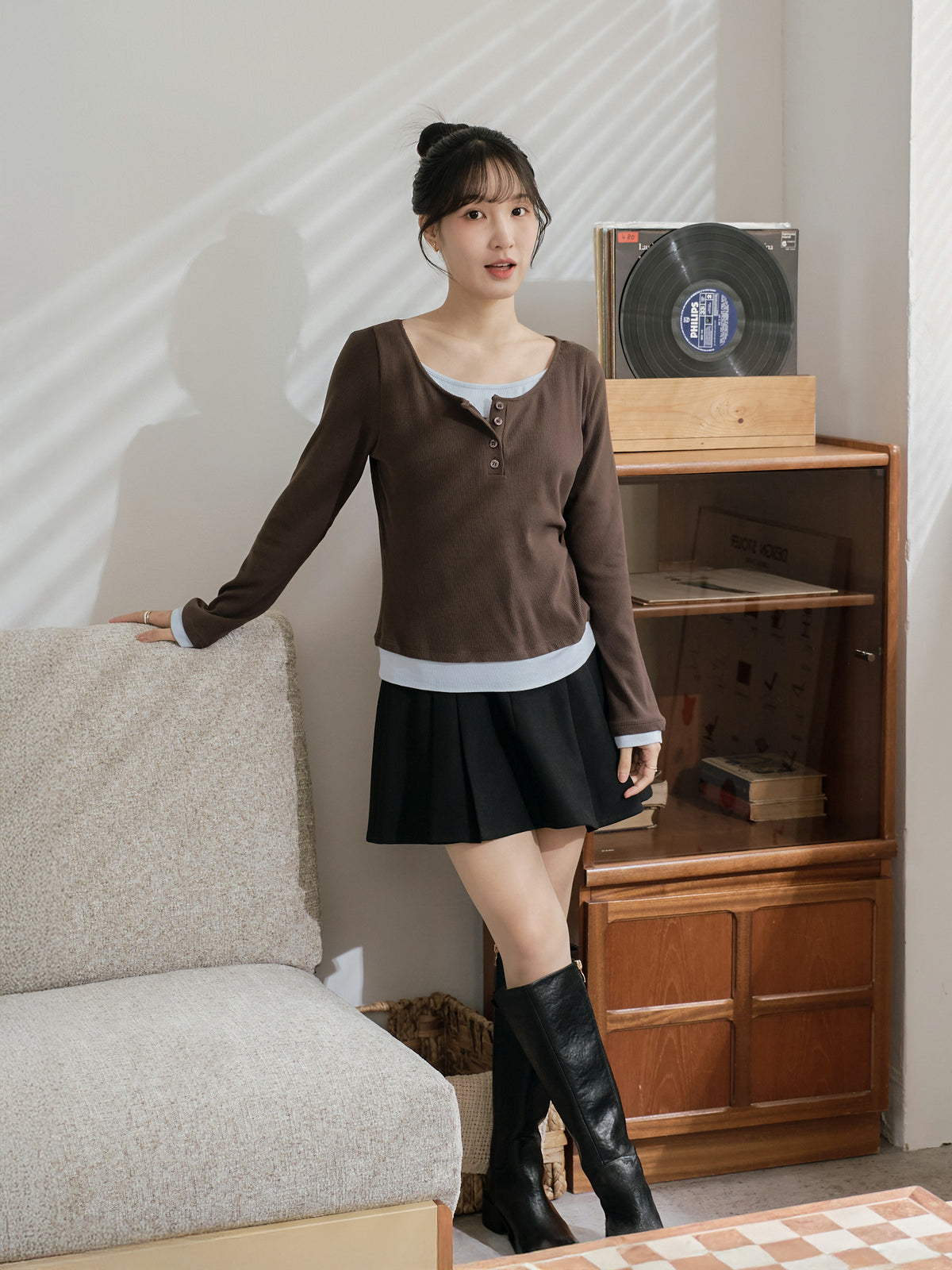 Soft Contrast Layered Henley Top