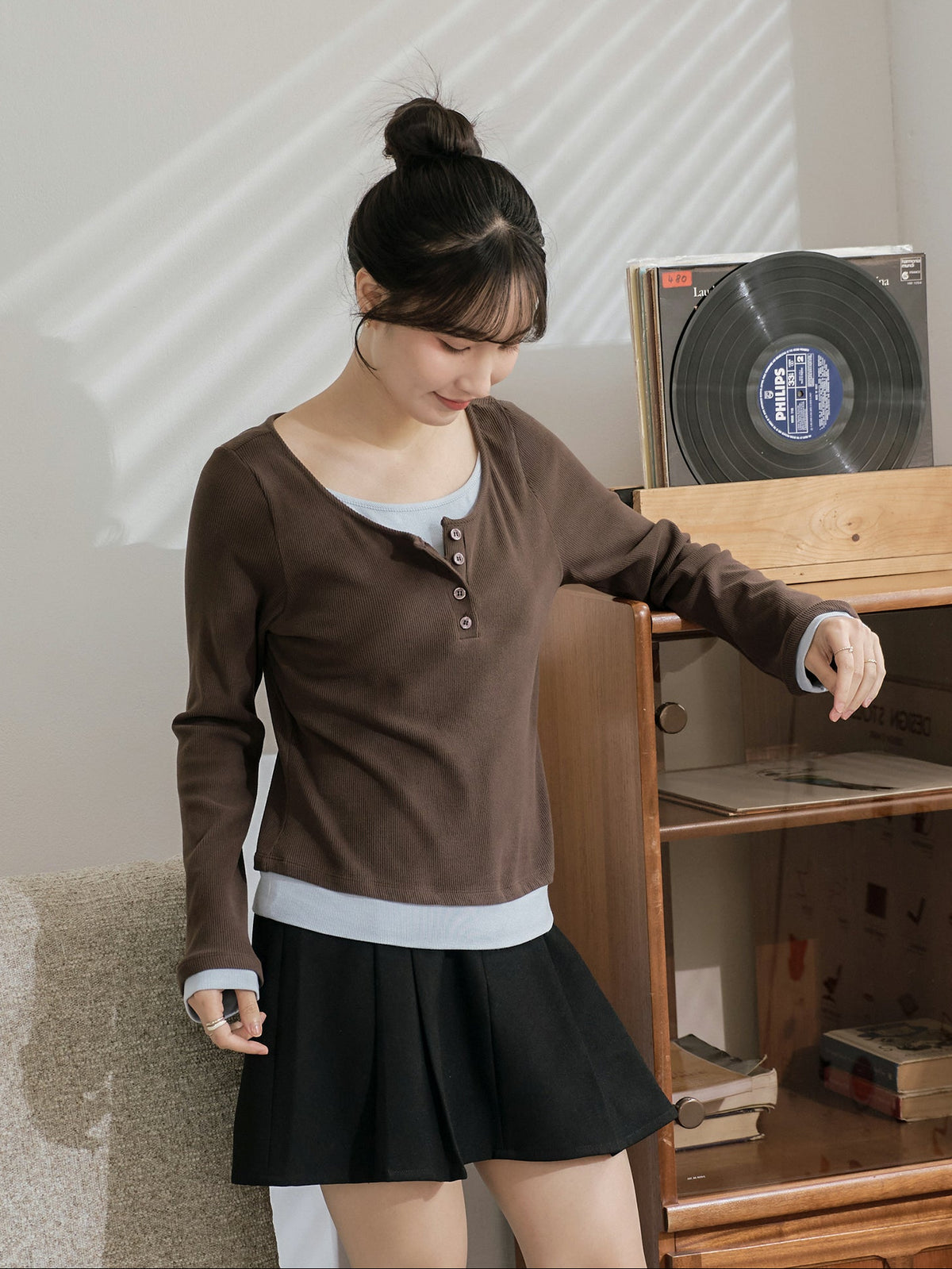 Soft Contrast Layered Henley Top