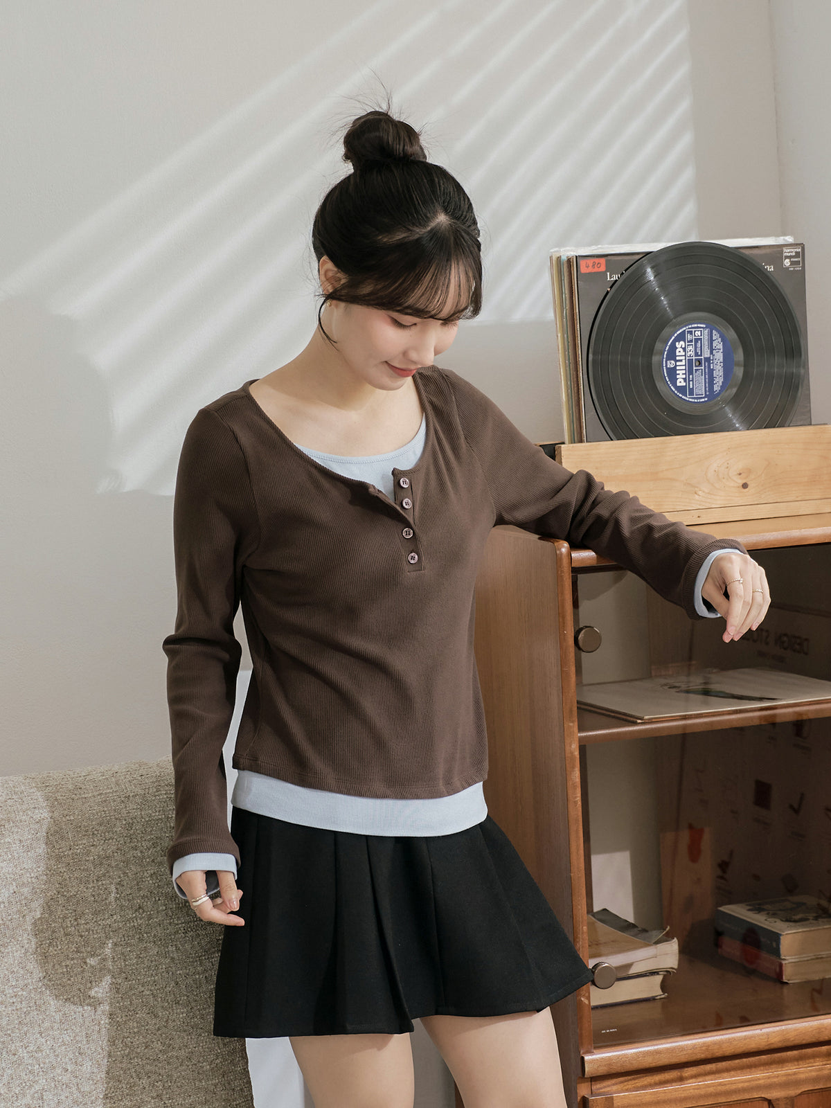 Soft Contrast Layered Henley Top