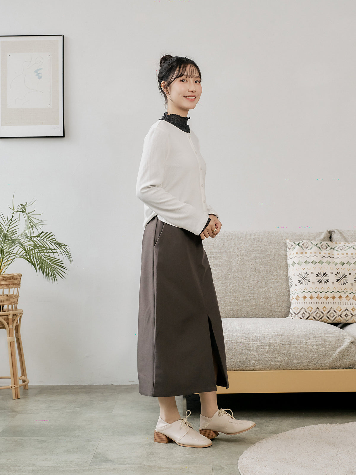 Side Shirring Buttoned Top