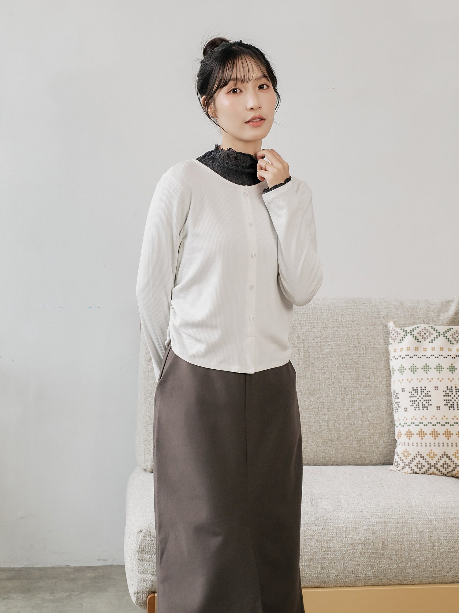 Side Shirring Buttoned Top