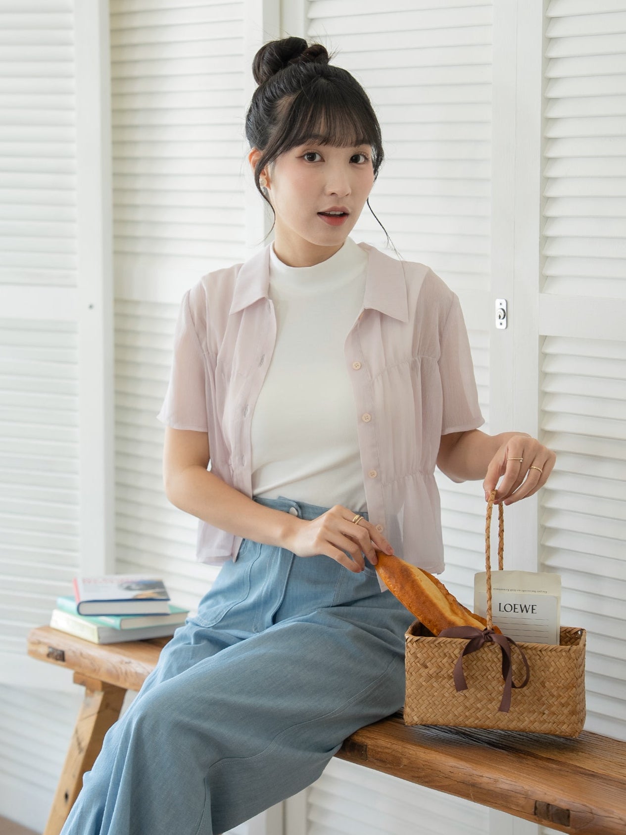 Smocked Sheer Button up Top