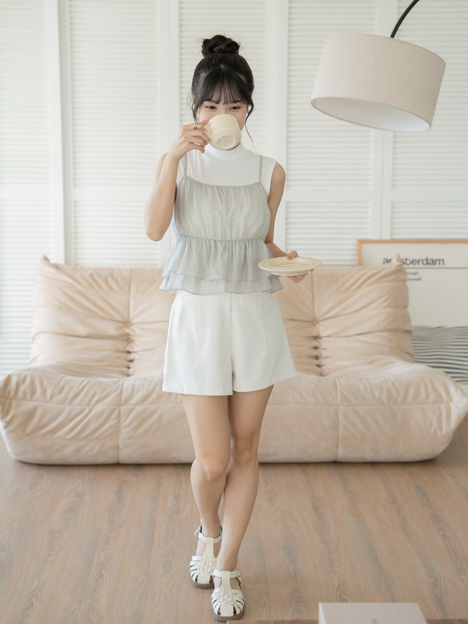 花朵感珠光吊帶背心