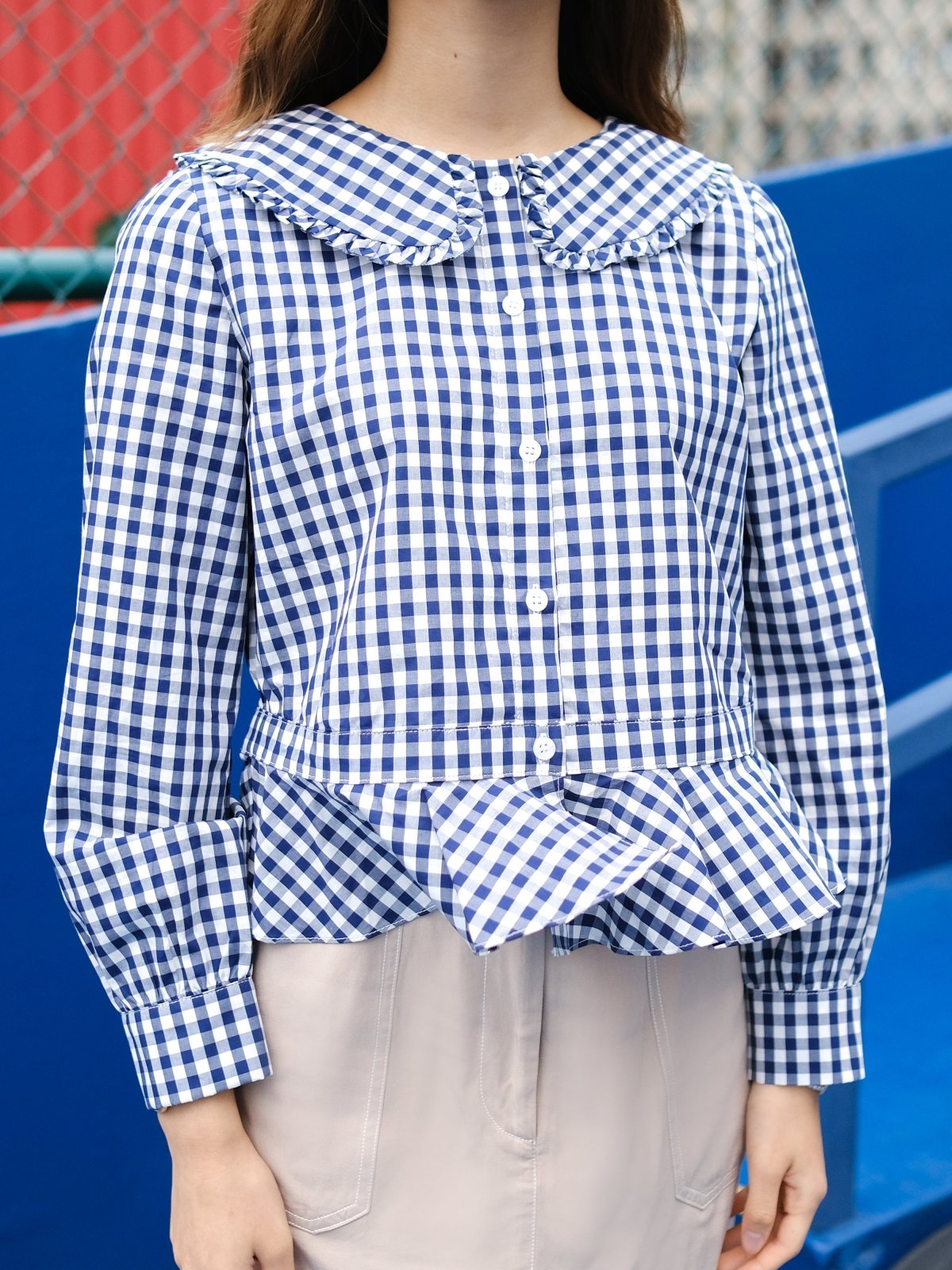 Ruffled Checked Blouse CLASSIC NAVY - DAG-DD8797-21ClassicNavyS - Blue White Checkers - S - D'zage Designs