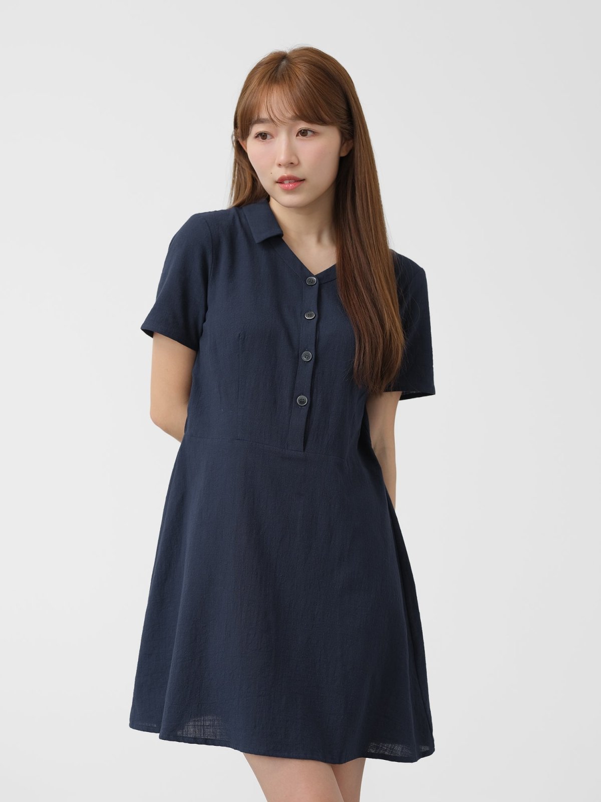 Open Collar Cotton Dress - DAG-DD1447NavyS - Navy Blue - S - D'zage Designs