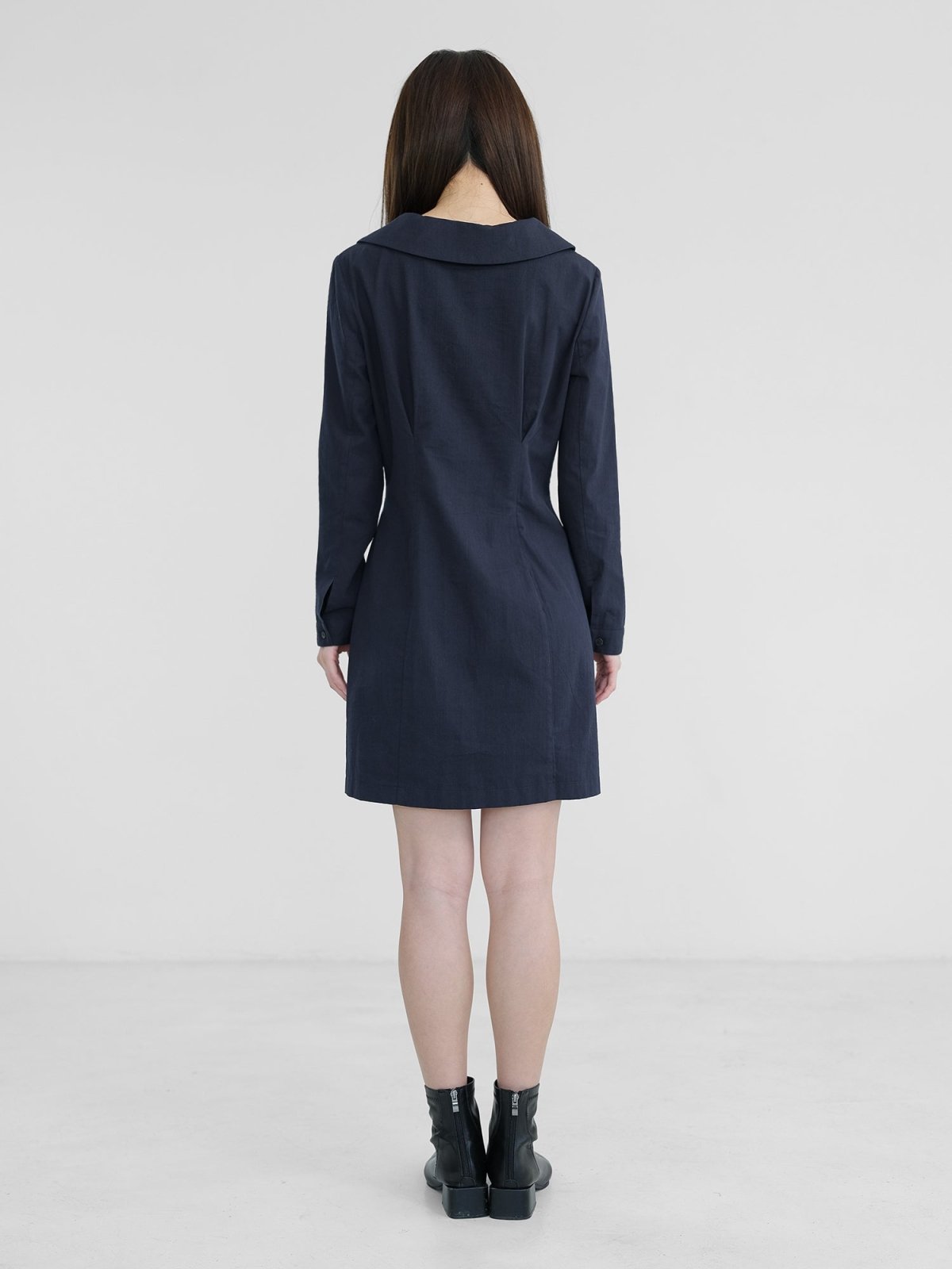 Ariel Open Collar Long Sleeve Dress - DAG-DD1308-23NavyS - Navy Blue - S - D'zage Designs