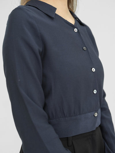 Avi Open Collar Cropped Shirt - DAG-DD1294-23NavyS - Navy Blue - S - D'zage Designs