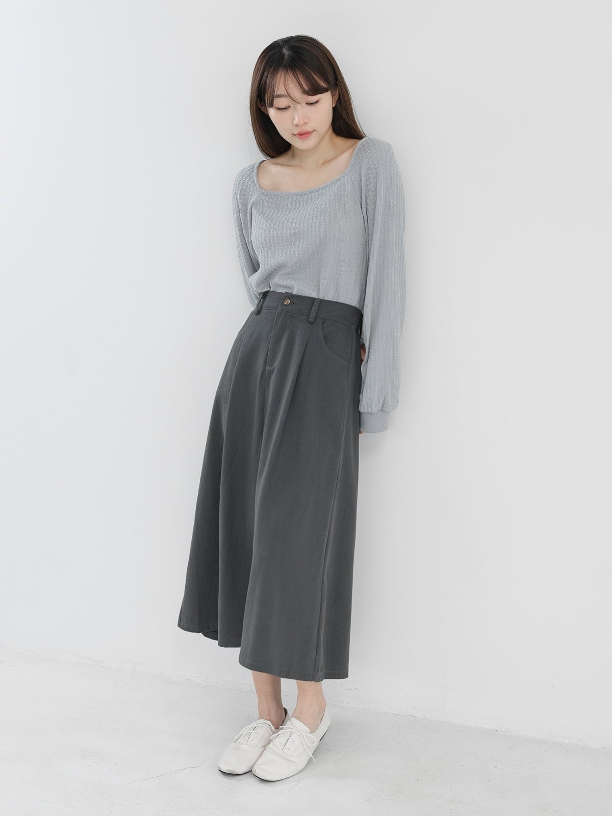 Maisy Front Slit Twill Skirt - DAG-DD1304-23CharcoalS - Charcoal - S - D'zage Designs