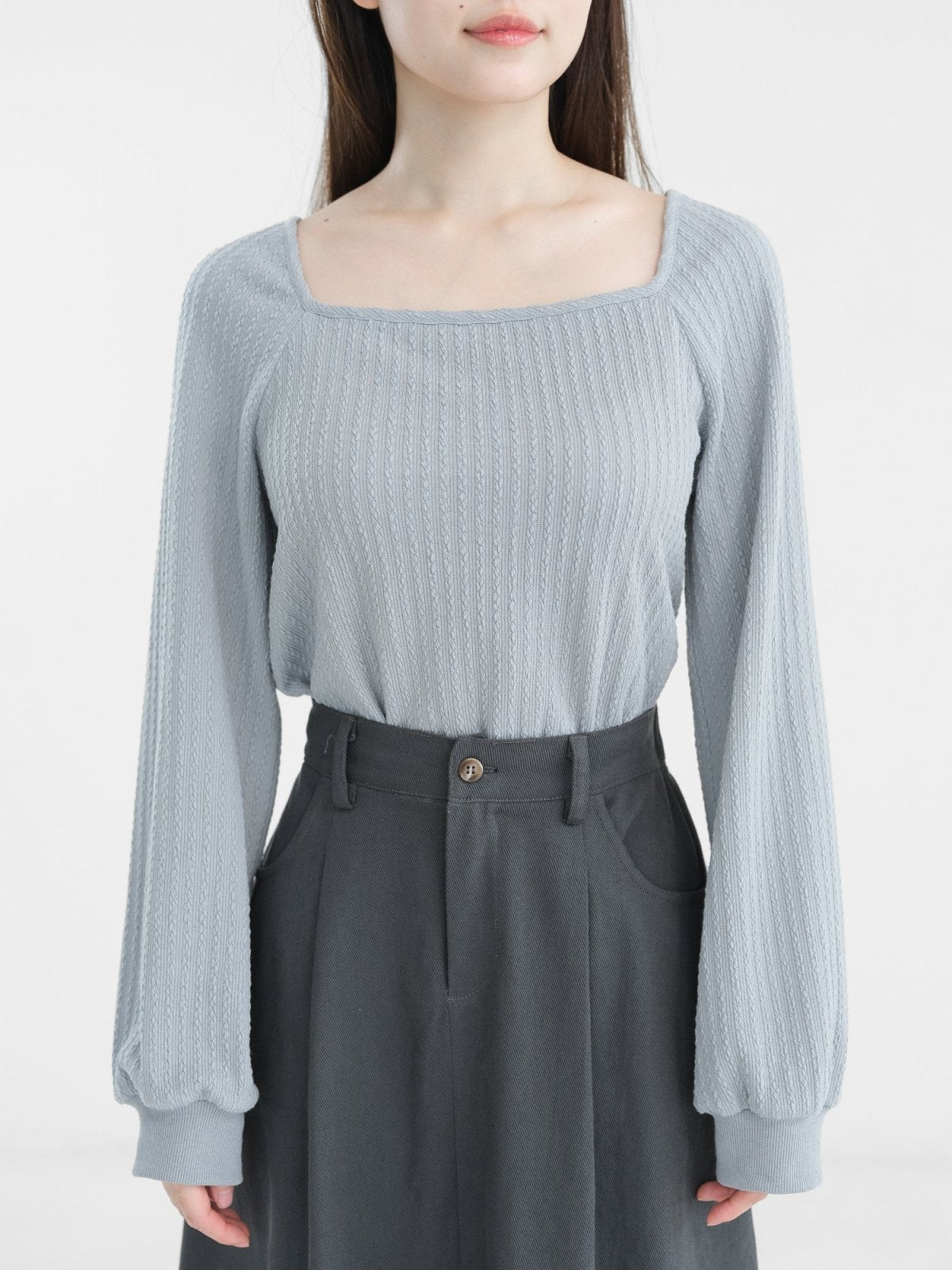 Winter Cable-knit Square Neck Top - DAG-DD1297-23StoneBlueS - Stone Blue - S - D'zage Designs