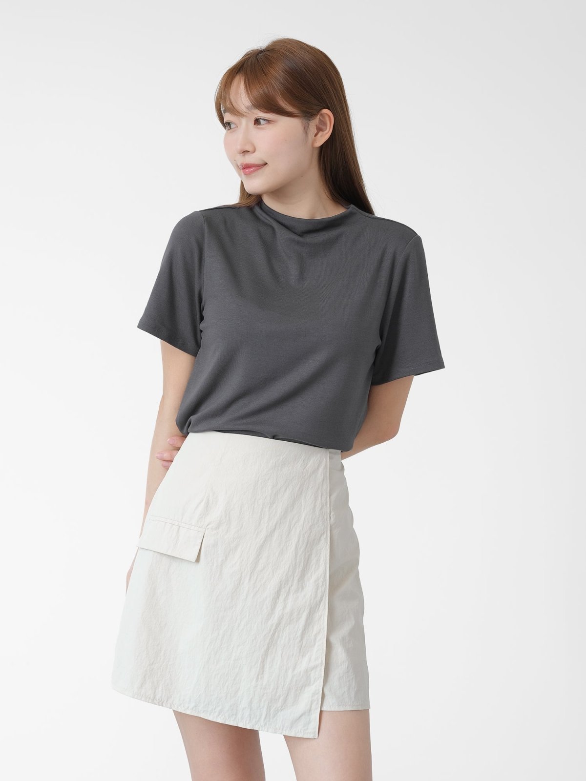 Merlo Funnel Neck Short Sleeve Top - DAG-DD1441-24CHARCOALS - Charcoal - S - D'zage Designs